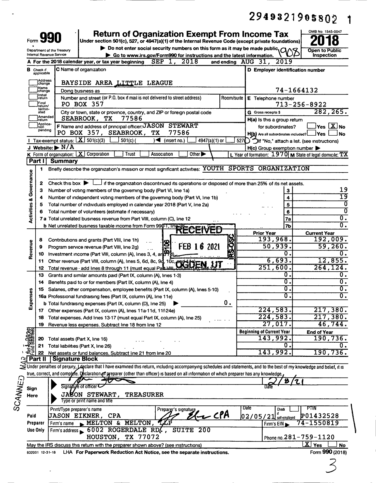 Image of first page of 2018 Form 990 for Little League Baseball - 3431419 Bayside Area LL