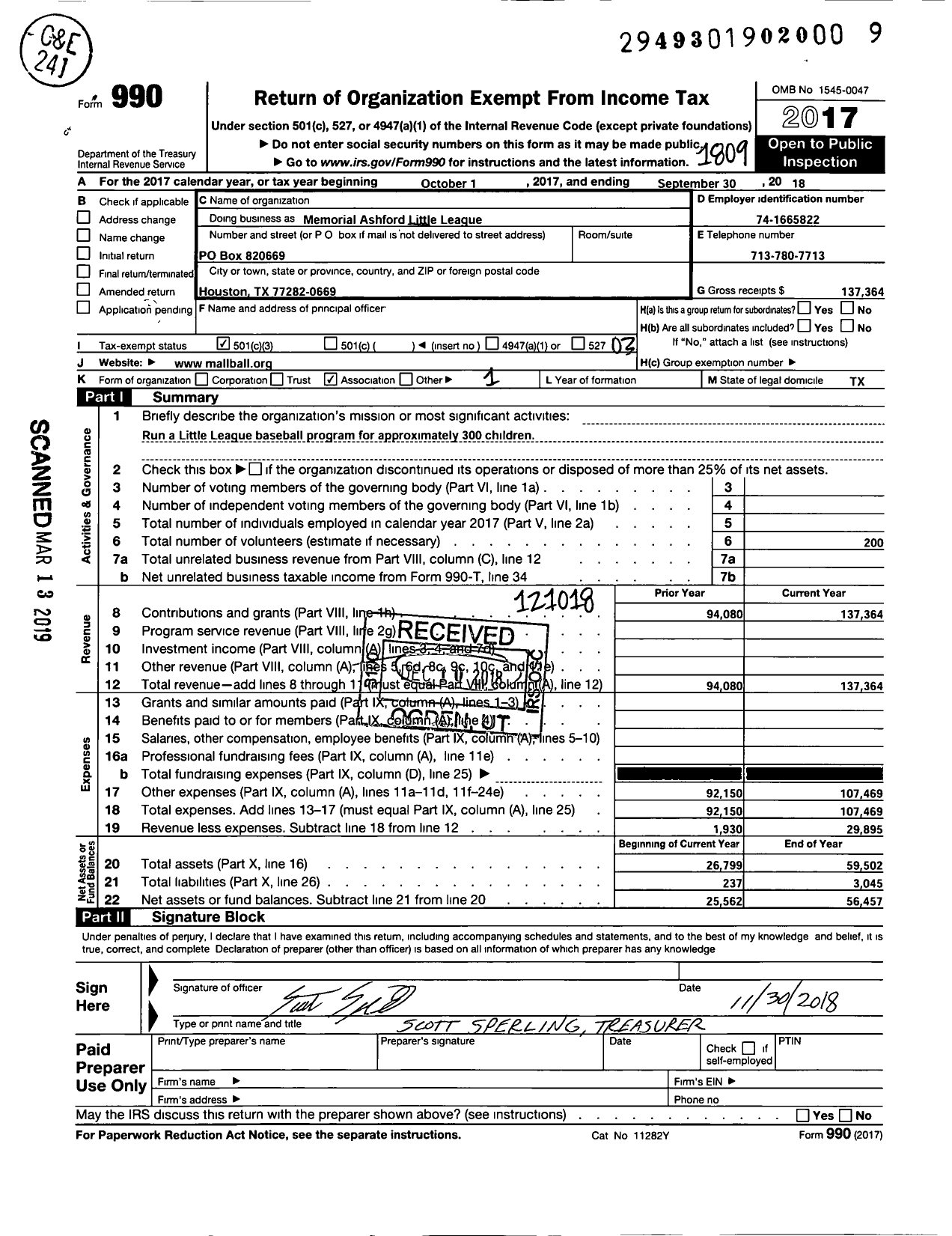 Image of first page of 2017 Form 990 for Little League Baseball - 3431620 Memorial-Ashford LL