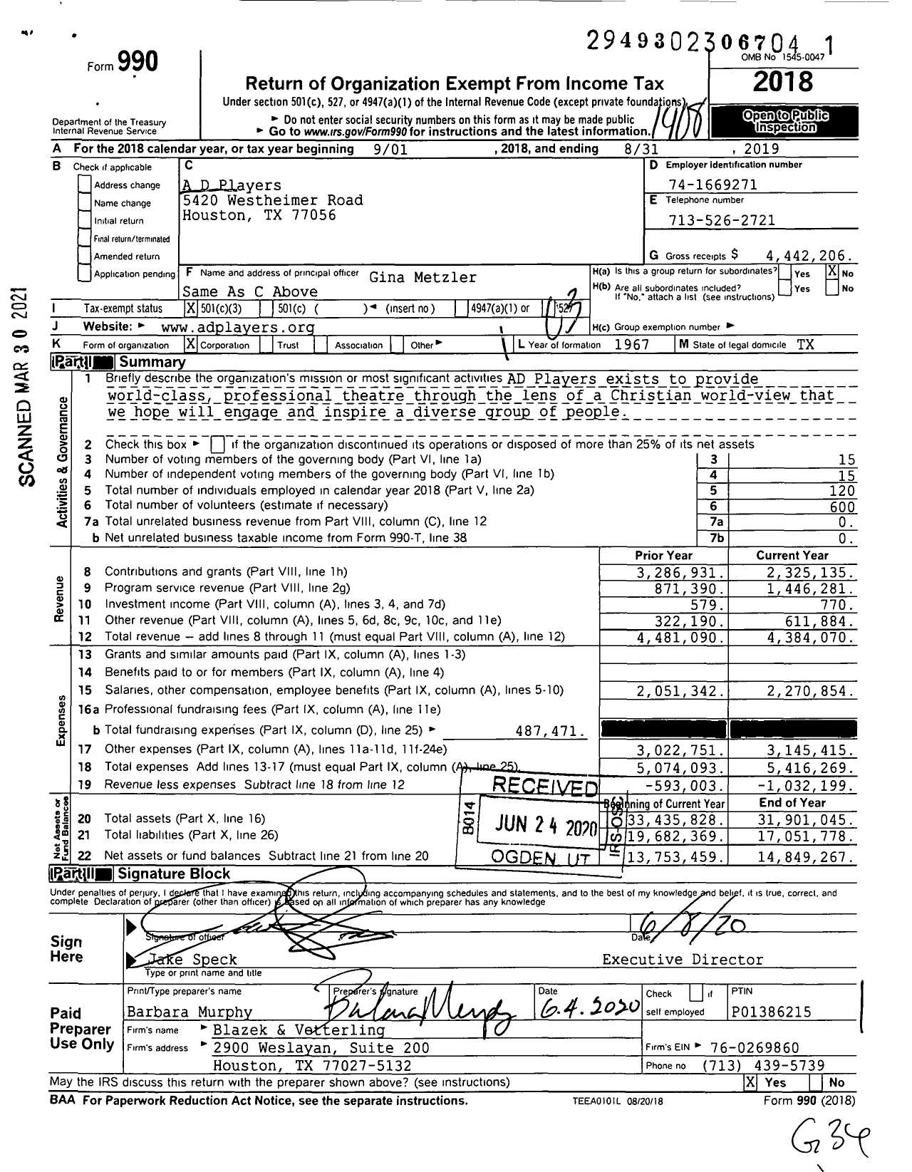 Image of first page of 2018 Form 990 for A D Players
