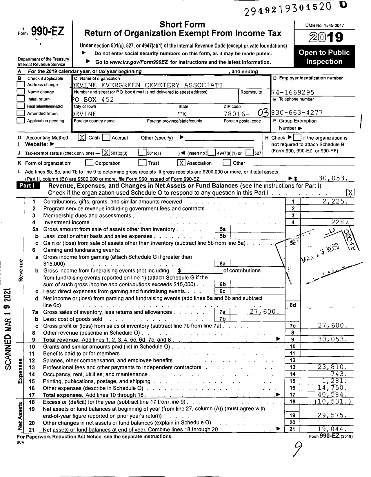 Image of first page of 2019 Form 990EZ for Devine Evergreen Cemetery Association