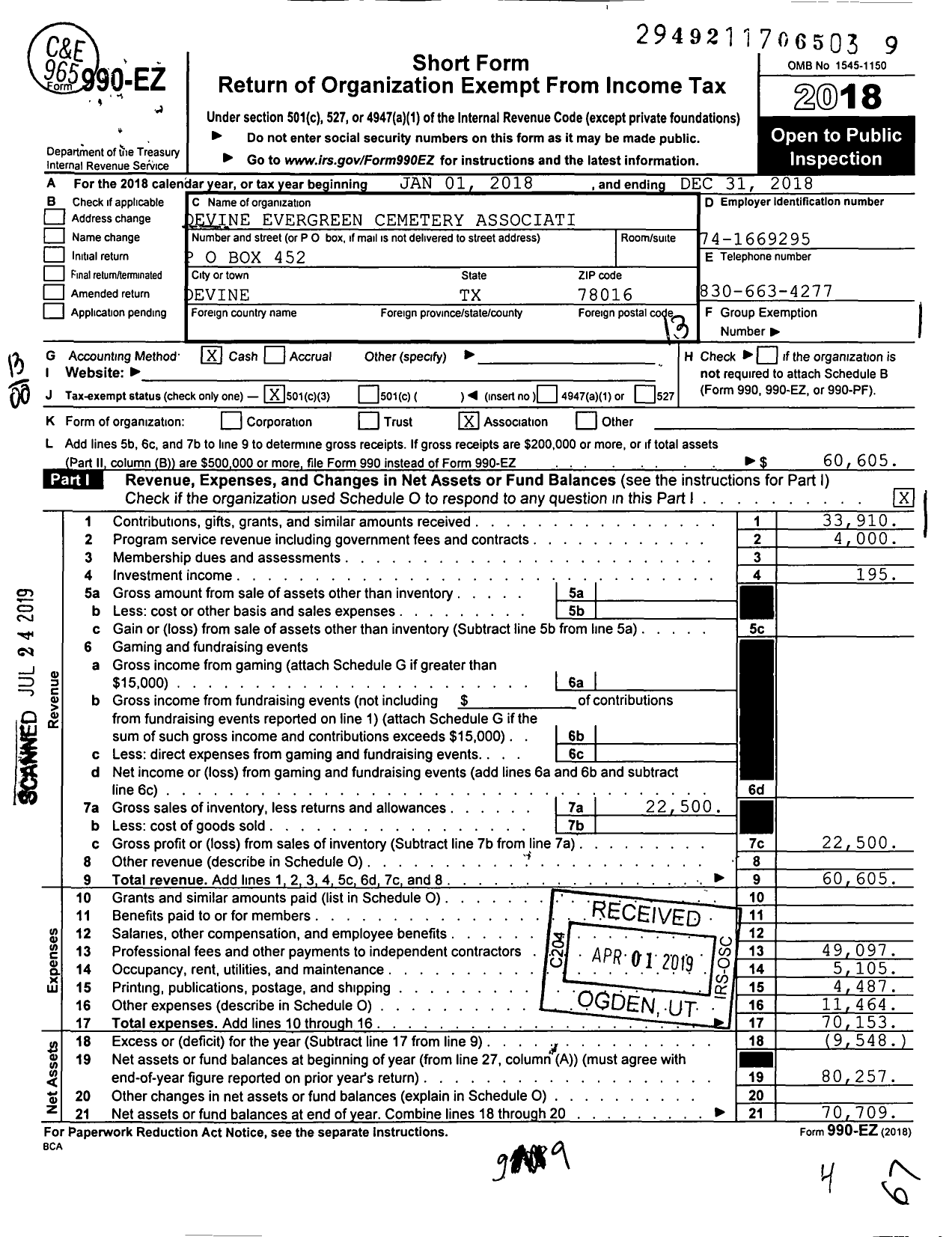 Image of first page of 2018 Form 990EO for Devine Evergreen Cemetery Association