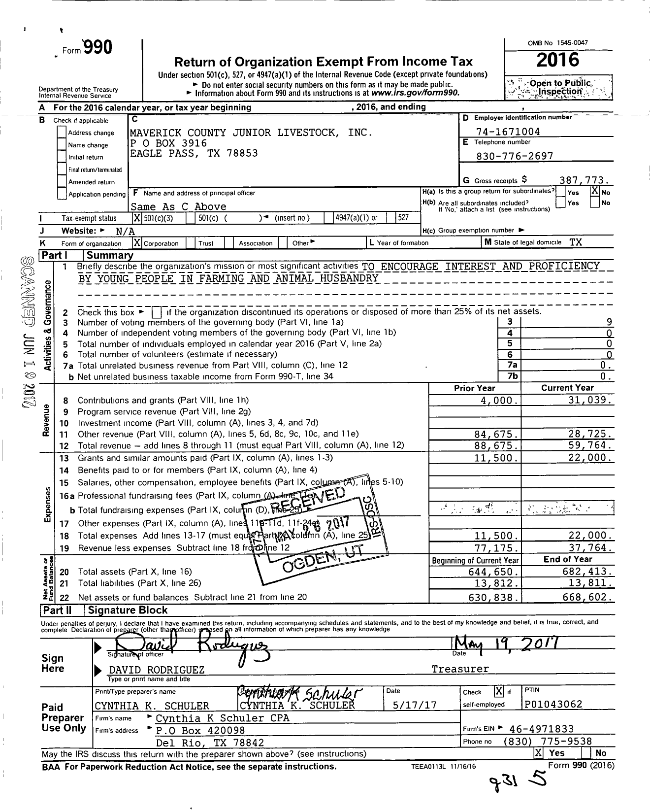 Image of first page of 2016 Form 990 for Maverick County Junior Livestock