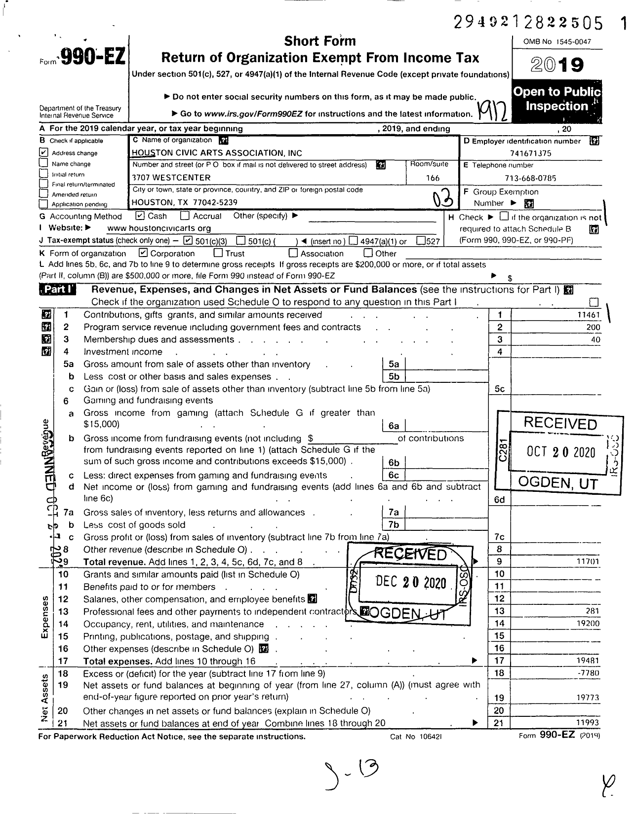 Image of first page of 2019 Form 990EZ for Houston Civic Arts Association