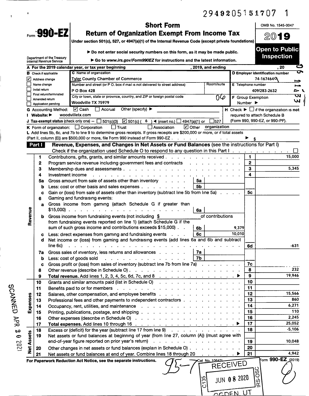 Image of first page of 2019 Form 990EO for Tyler County Chamber of Commerce