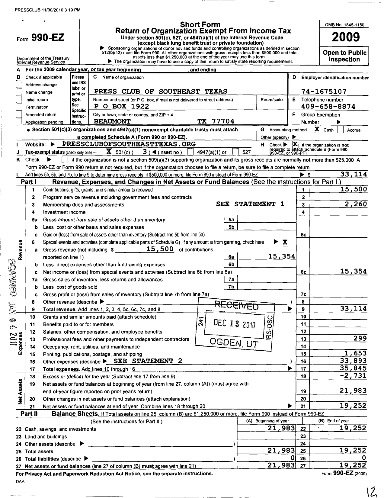 Image of first page of 2009 Form 990EZ for The Press Club of Southeast Texas