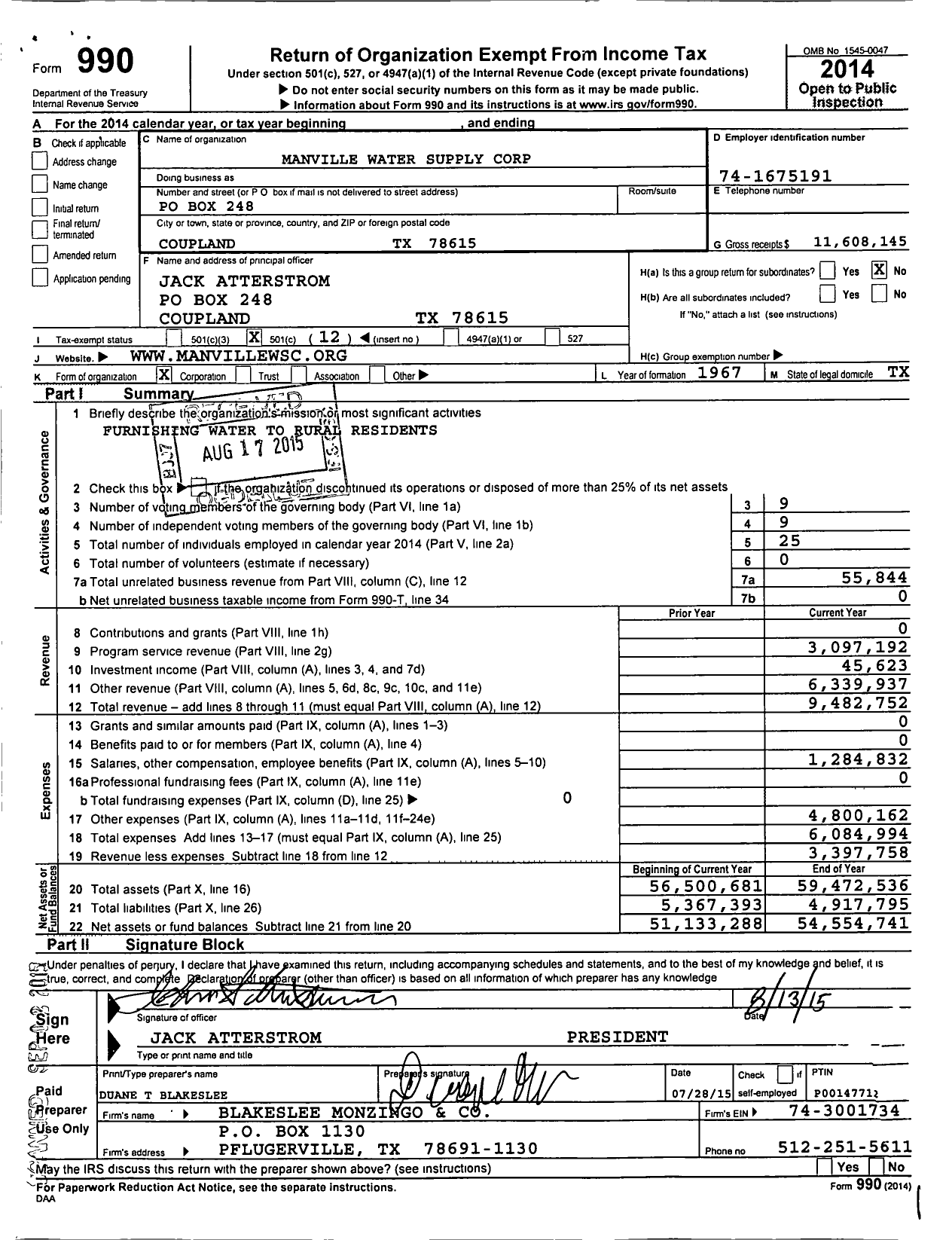 Image of first page of 2014 Form 990O for Manville Water Supply Corporation (MWSC)