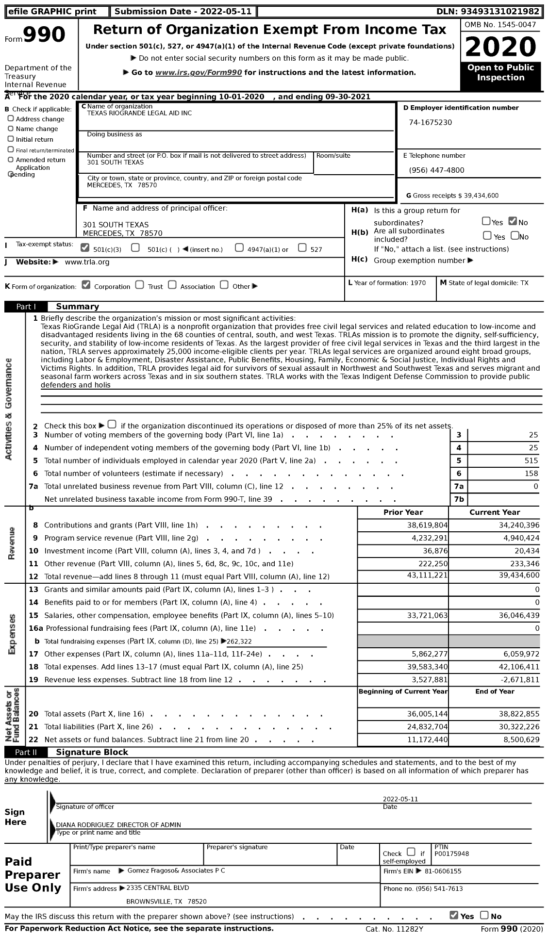 Image of first page of 2020 Form 990 for Texas RioGrande Legal Aid (TRLA)