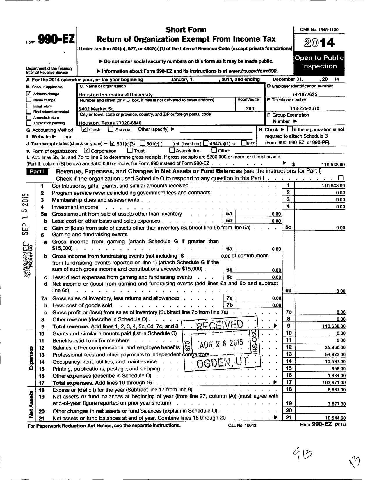 Image of first page of 2014 Form 990EZ for Houston International University