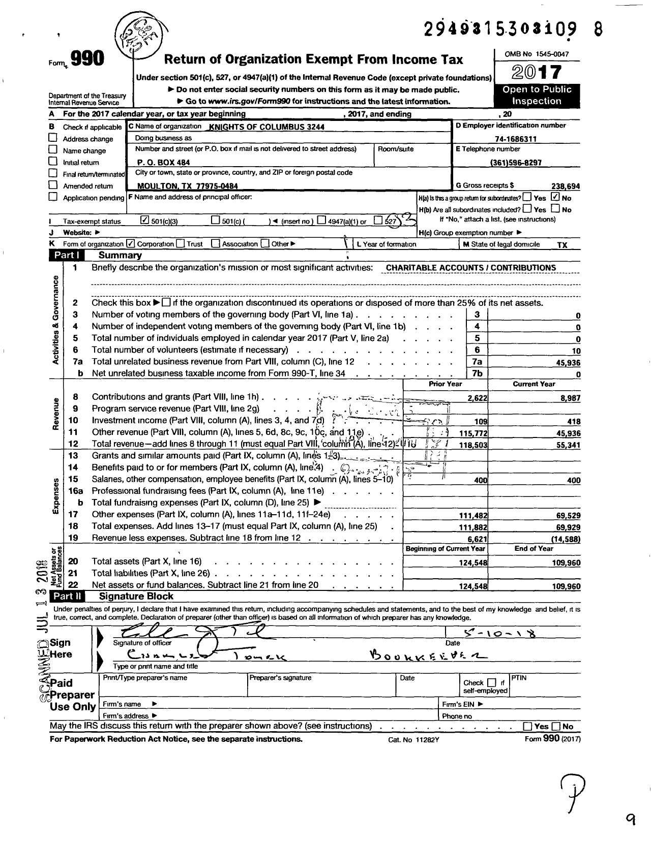 Image of first page of 2017 Form 990 for Knights of Columbus - 3244 FR Joseph Kopp Council