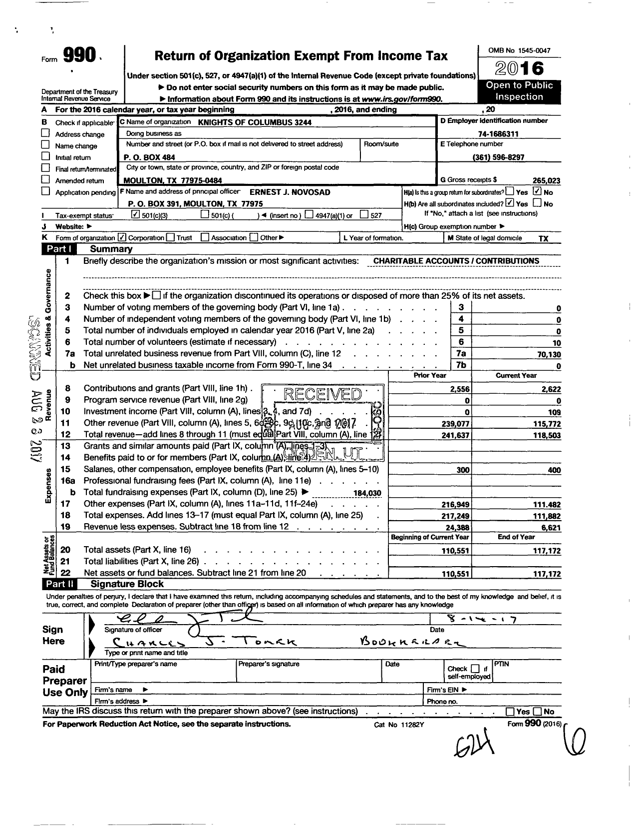 Image of first page of 2016 Form 990 for Knights of Columbus - 3244 FR Joseph Kopp Council