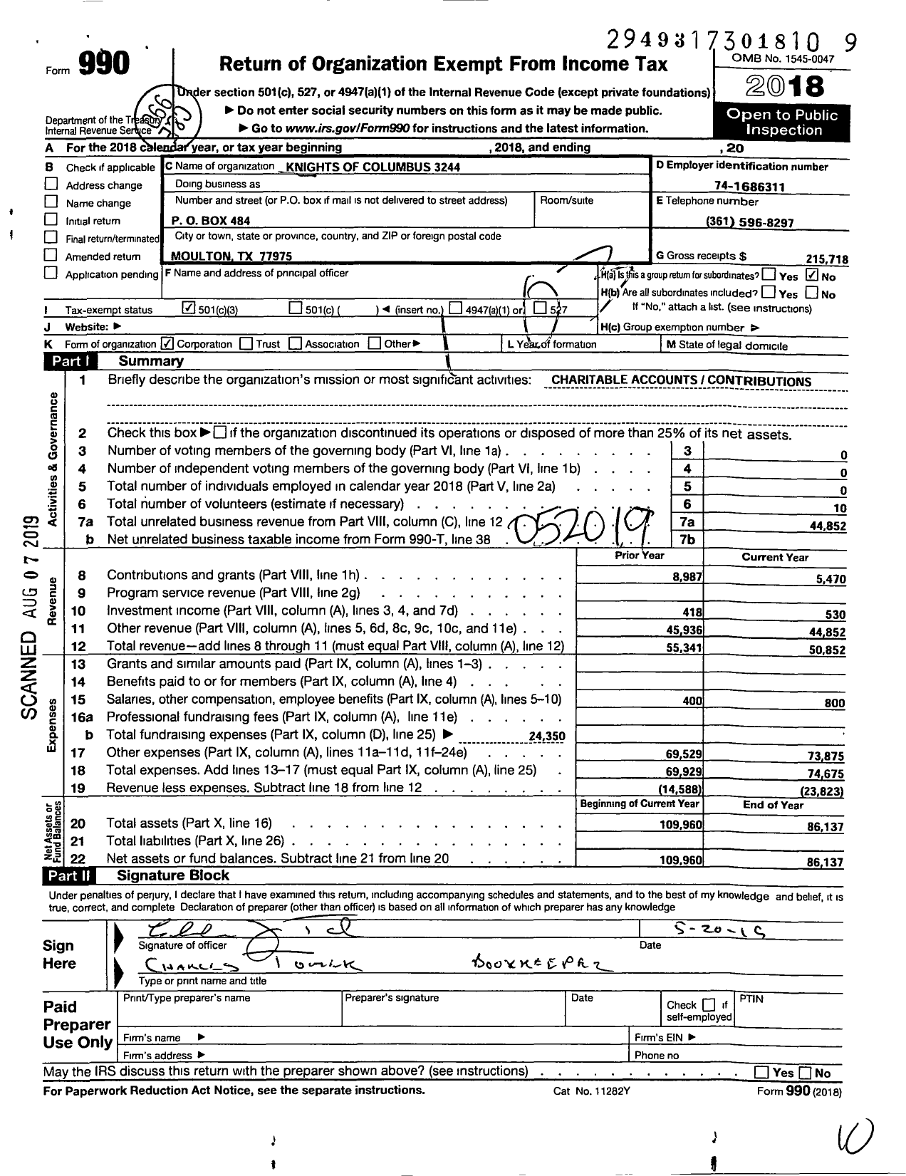 Image of first page of 2018 Form 990 for Knights of Columbus - 3244 FR Joseph Kopp Council