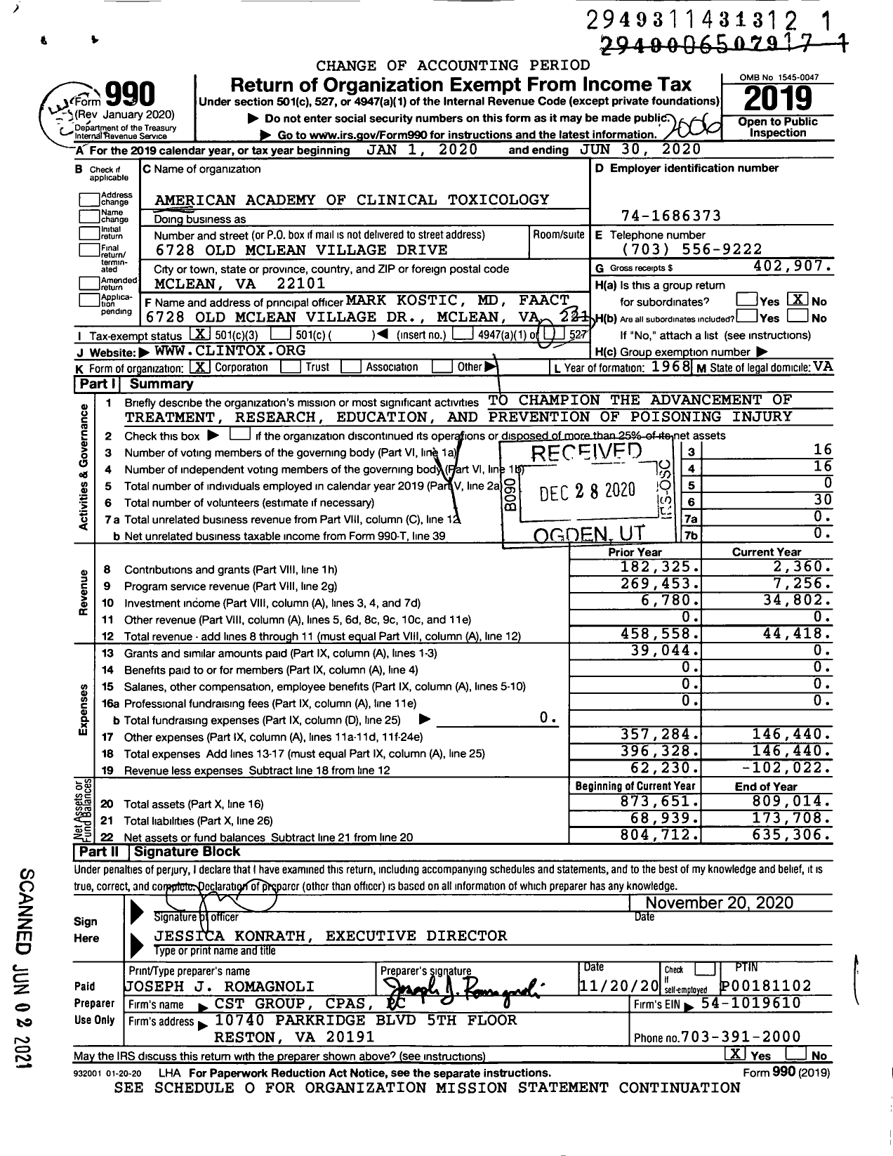 Image of first page of 2019 Form 990 for American Academy of Clinical Toxicology