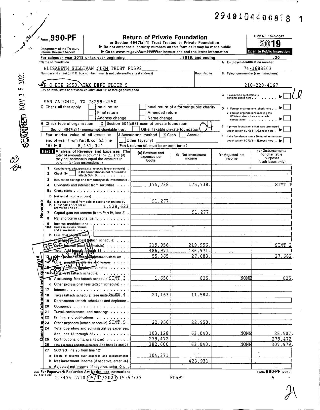 Image of first page of 2019 Form 990PF for Elizabeth Sullivan Clem Trust FD592