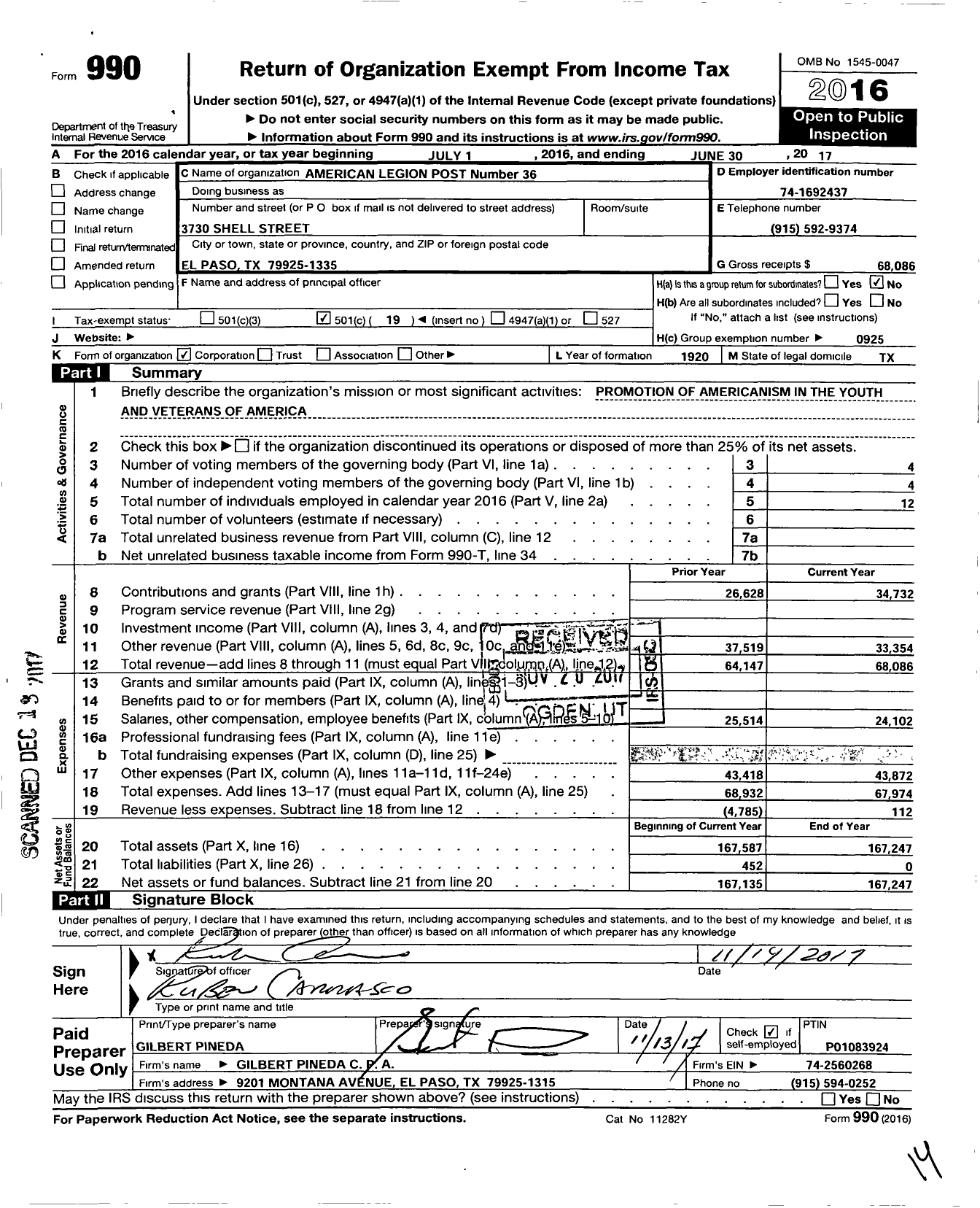 Image of first page of 2016 Form 990O for American Legion - 36 El Paso Eastwood Post