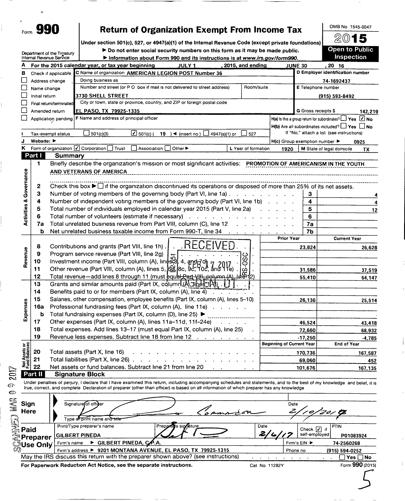 Image of first page of 2015 Form 990O for American Legion - 36 El Paso Eastwood Post