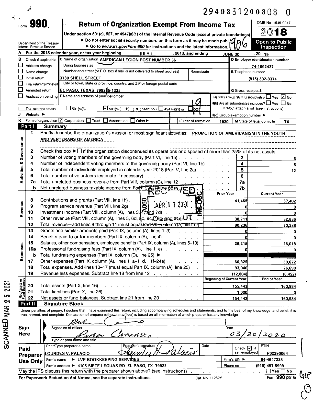 Image of first page of 2018 Form 990O for American Legion - 36 El Paso Eastwood Post