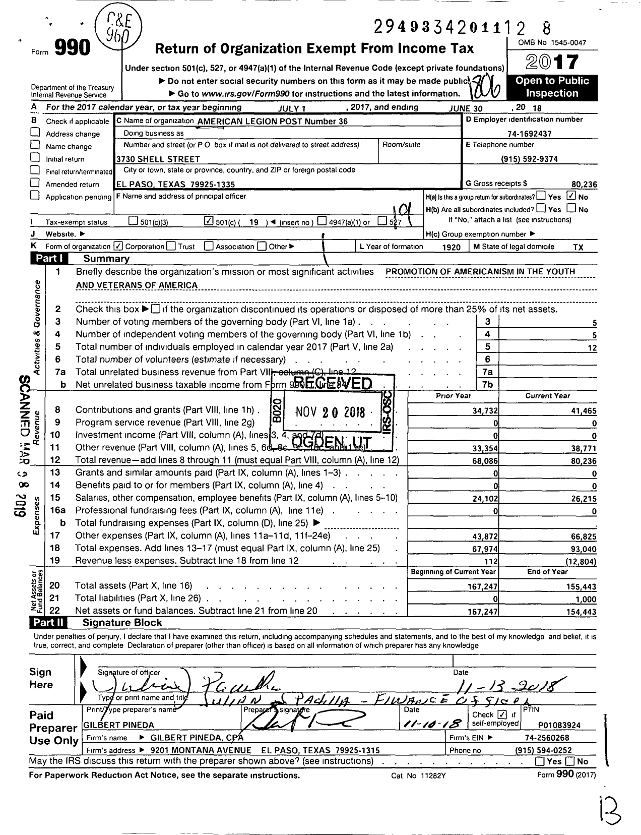 Image of first page of 2017 Form 990O for American Legion - 36 El Paso Eastwood Post