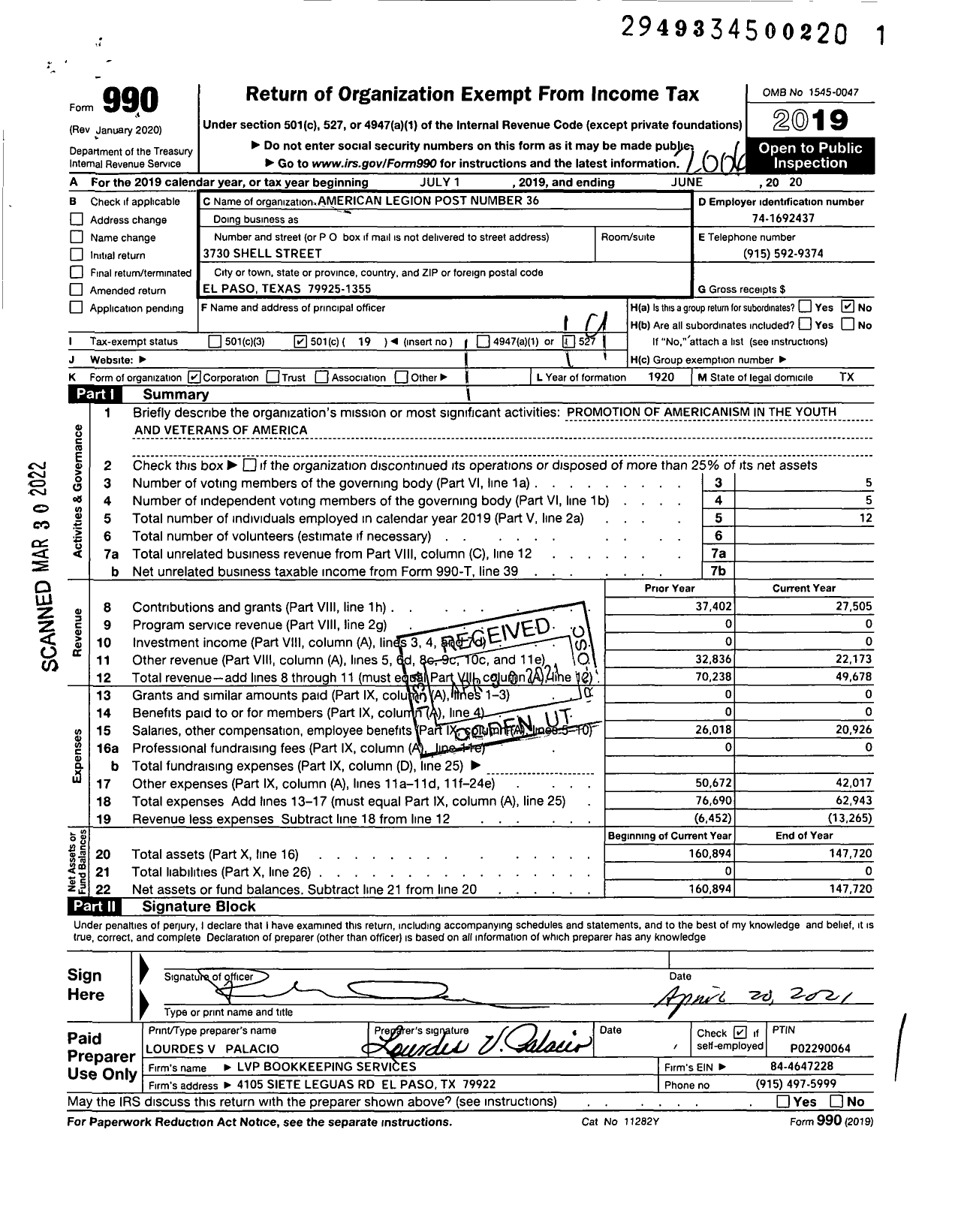 Image of first page of 2019 Form 990O for American Legion - 36 El Paso Eastwood Post