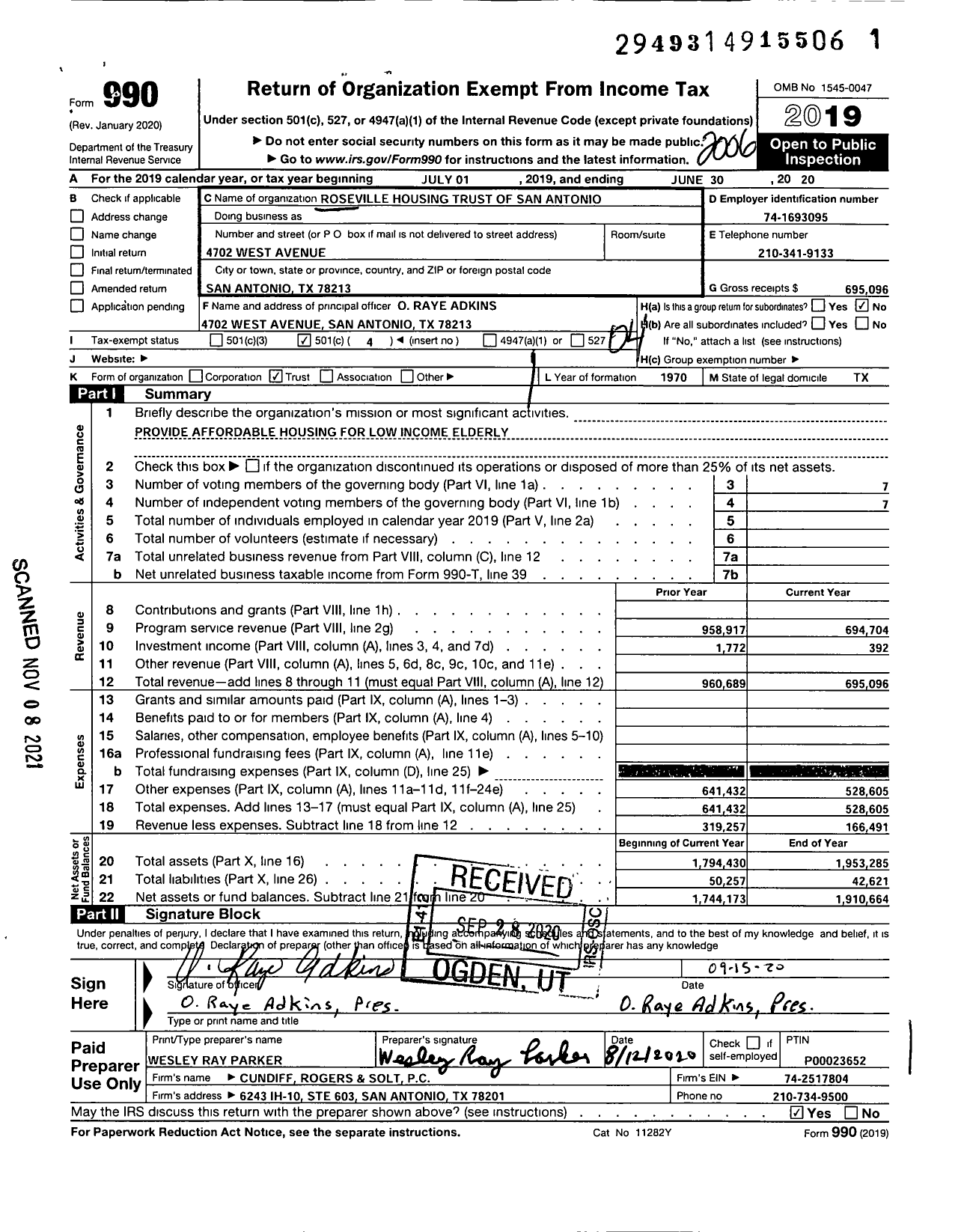 Image of first page of 2019 Form 990O for Roseville Apartments