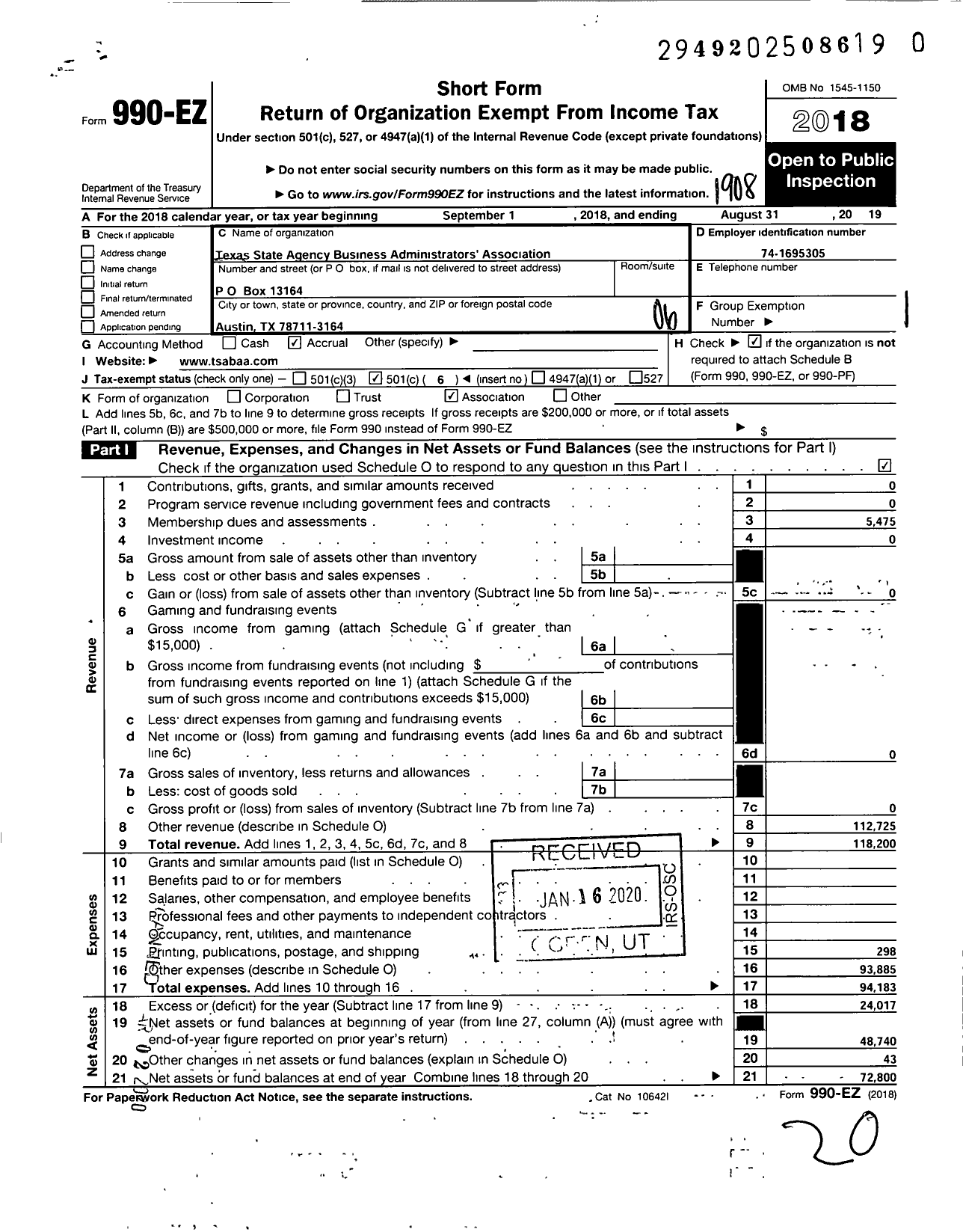 Image of first page of 2018 Form 990EO for Texas State Agency Business Administrators Association