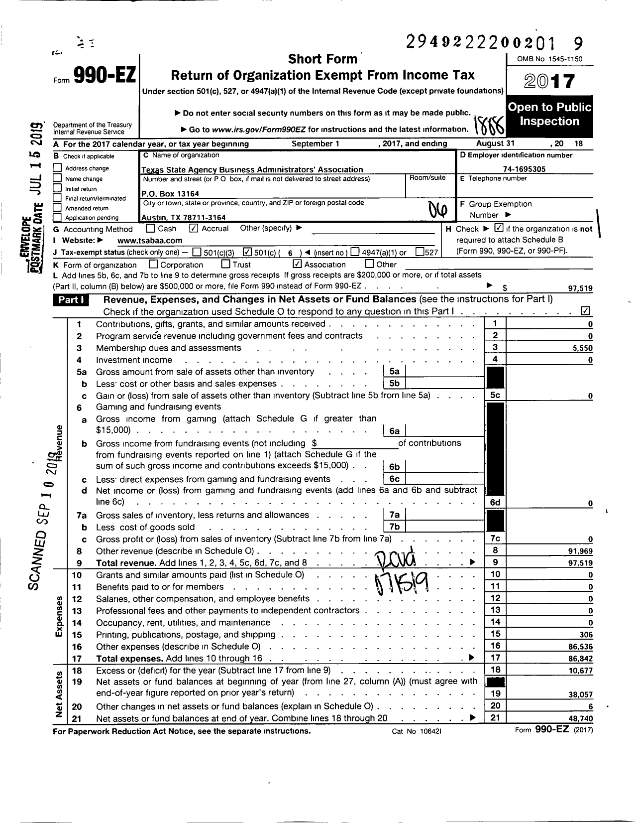 Image of first page of 2017 Form 990EO for Texas State Agency Business Administrators Association