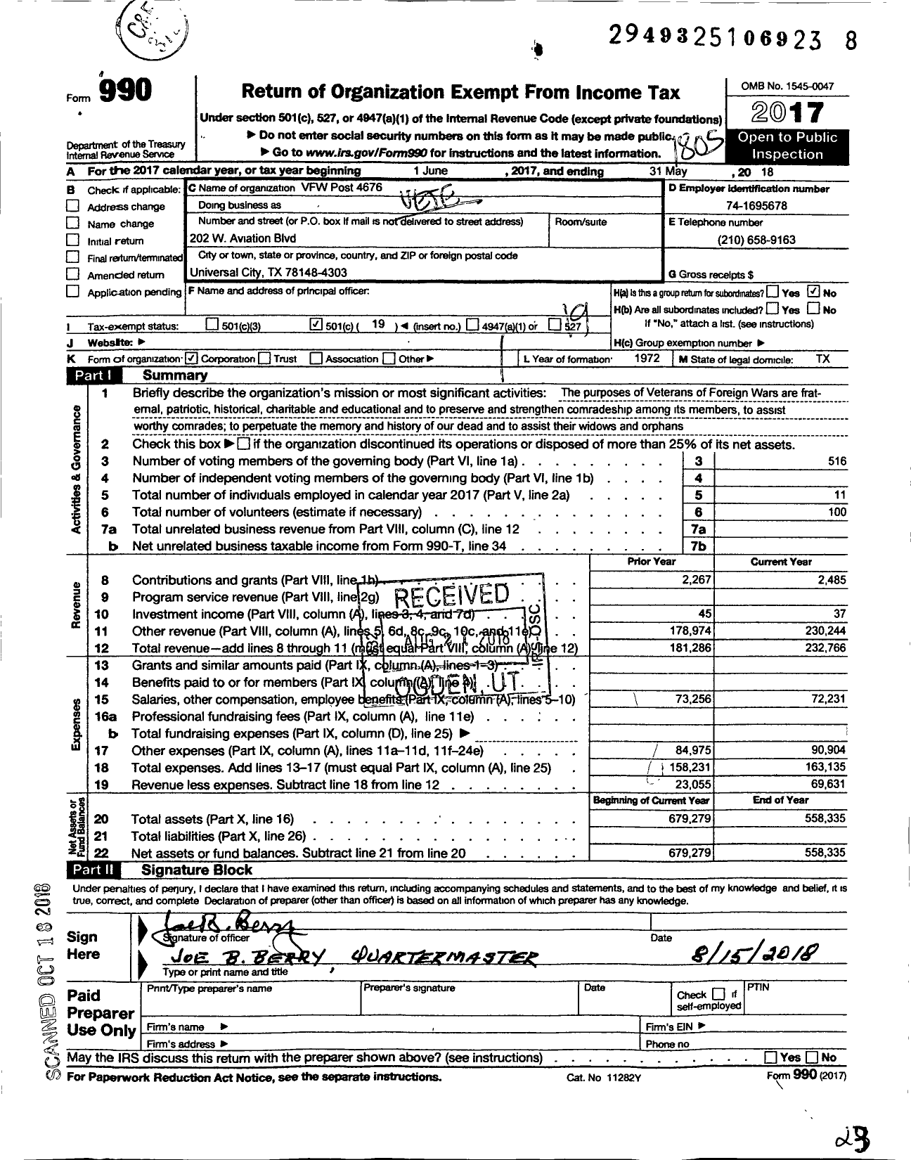 Image of first page of 2017 Form 990O for Texas VFW - VFW Post 4676