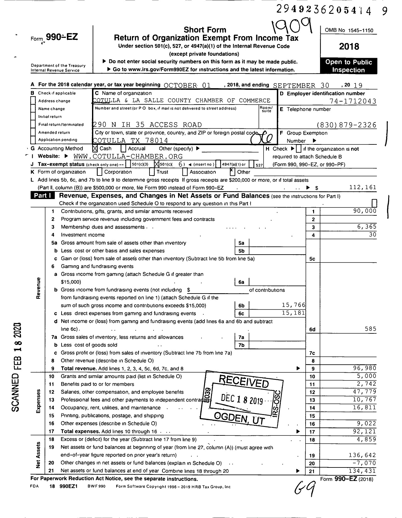 Image of first page of 2018 Form 990EO for Cotulla La Salle Chamber of Commerce