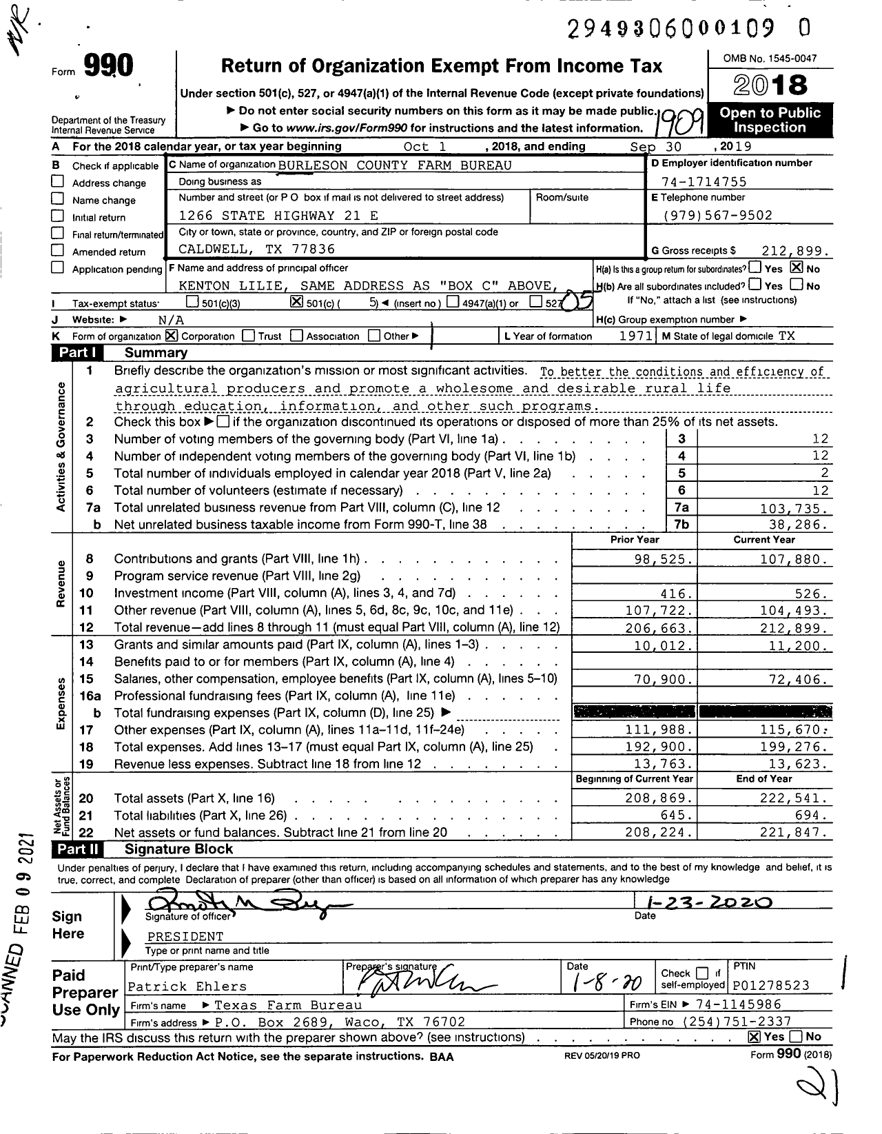 Image of first page of 2018 Form 990O for Burleson County Farm Bureau