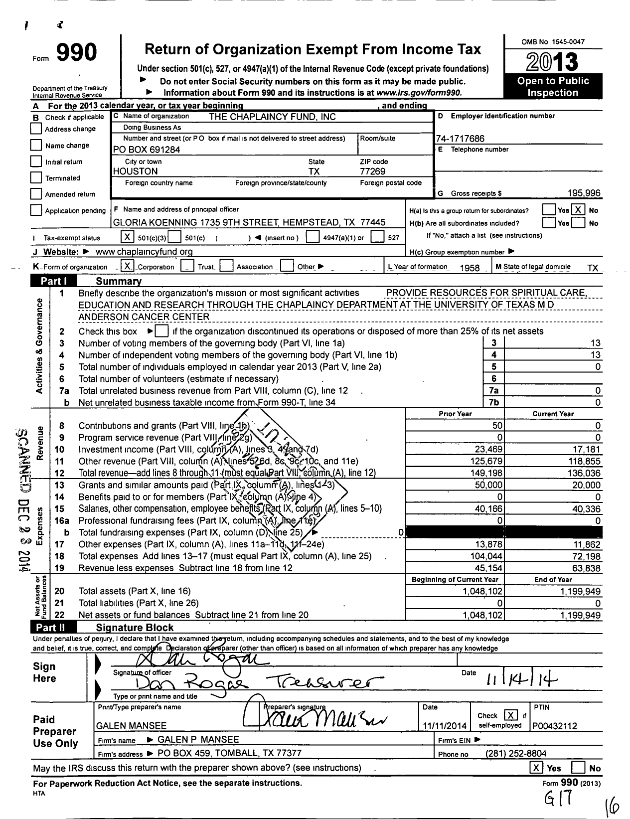 Image of first page of 2013 Form 990 for Chaplaincy Fund