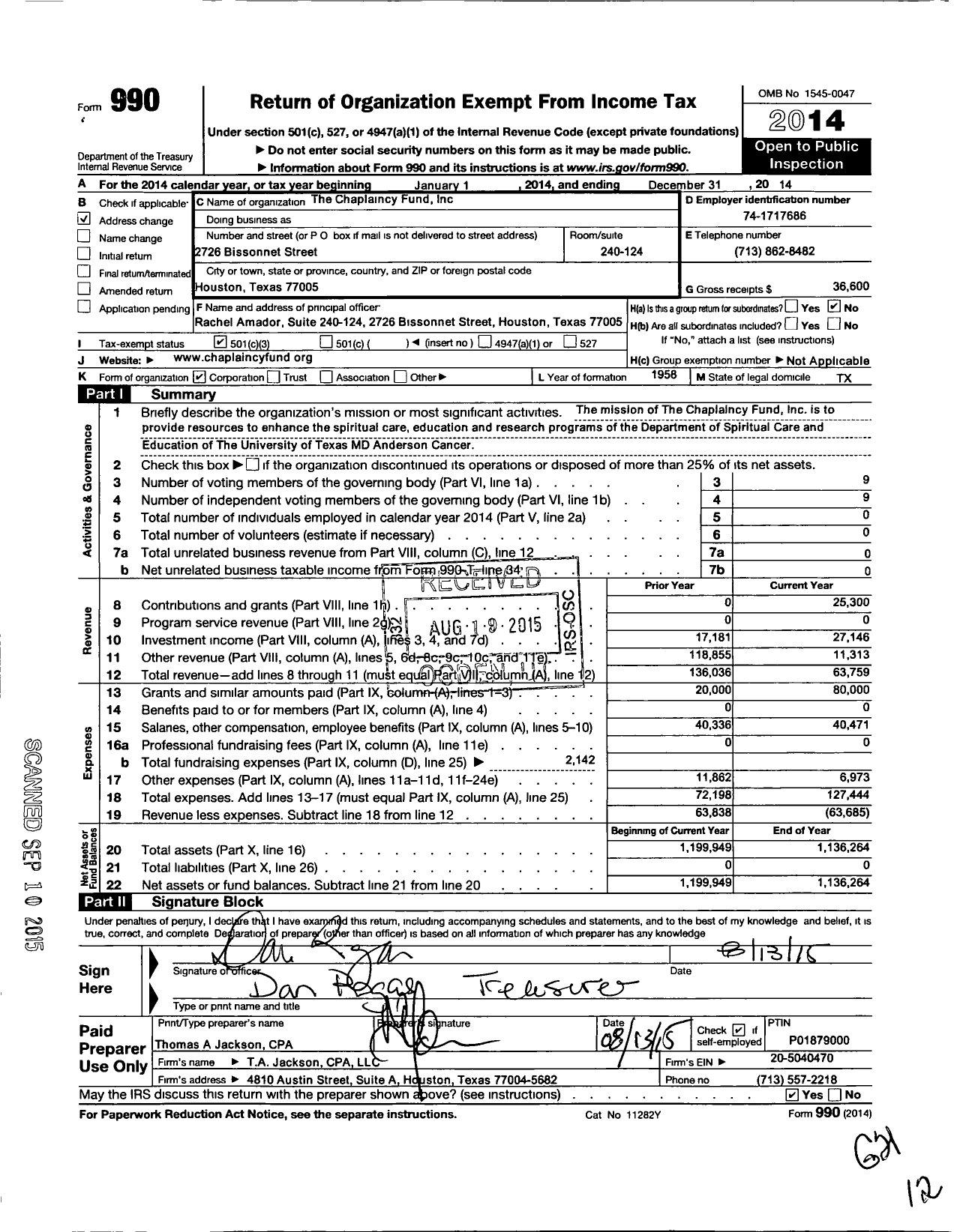 Image of first page of 2014 Form 990 for Chaplaincy Fund