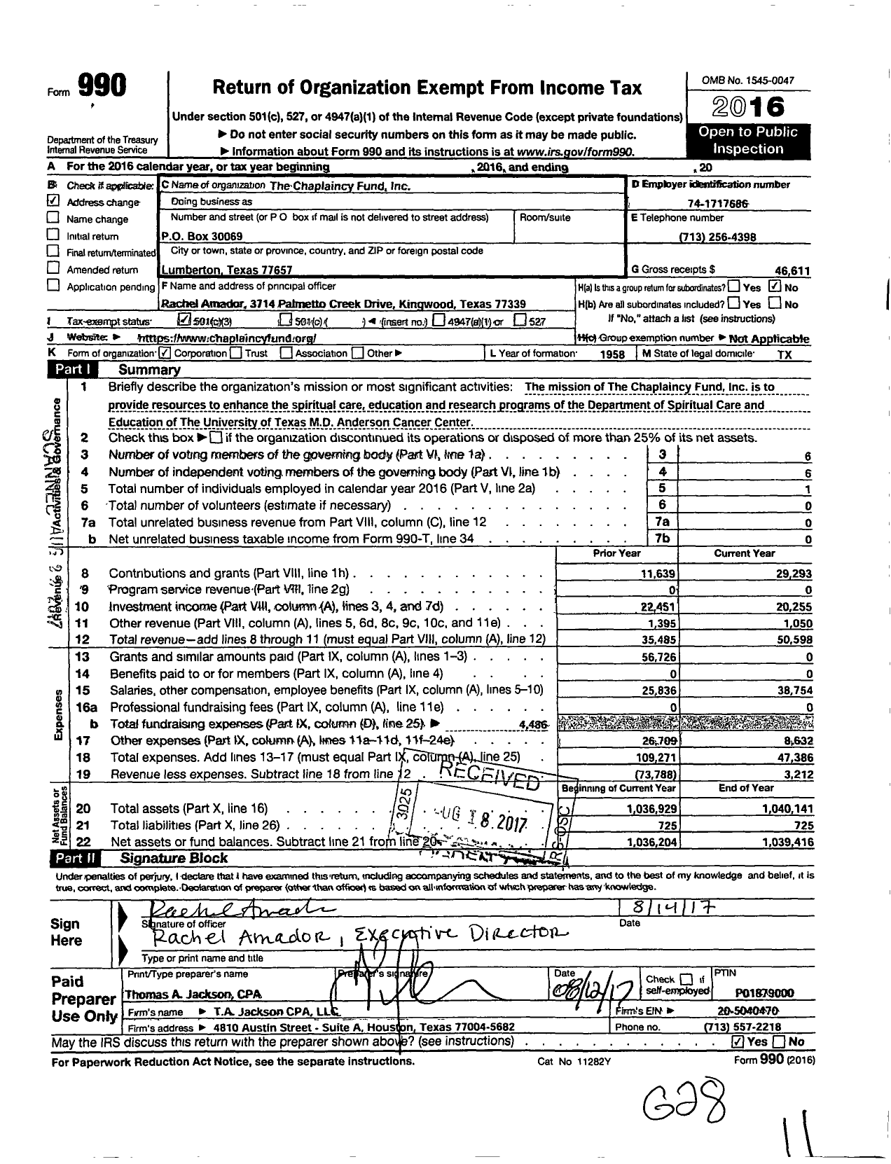 Image of first page of 2016 Form 990 for Chaplaincy Fund