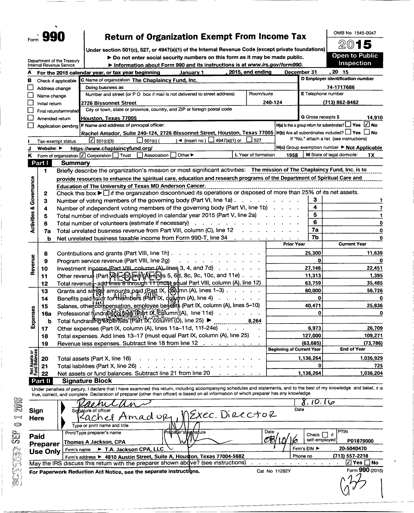 Image of first page of 2015 Form 990 for Chaplaincy Fund