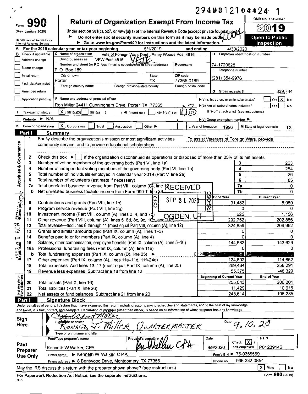 Image of first page of 2019 Form 990 for Texas VFW - VFW Post 4816