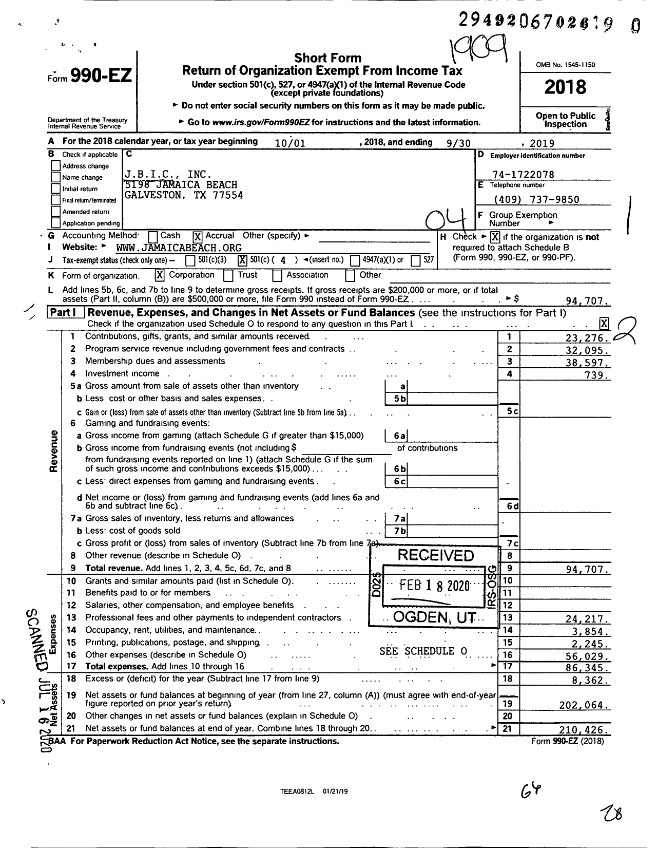 Image of first page of 2018 Form 990EO for Jamaica Beach Improvement Committee