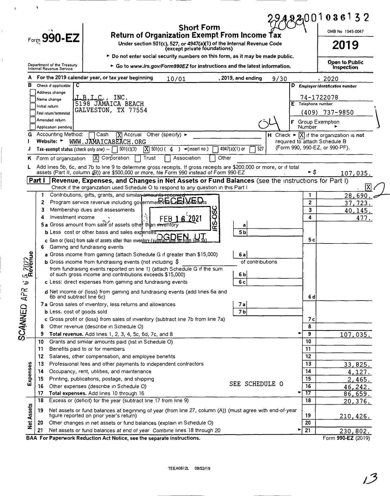 Image of first page of 2019 Form 990EO for Jamaica Beach Improvement Committee