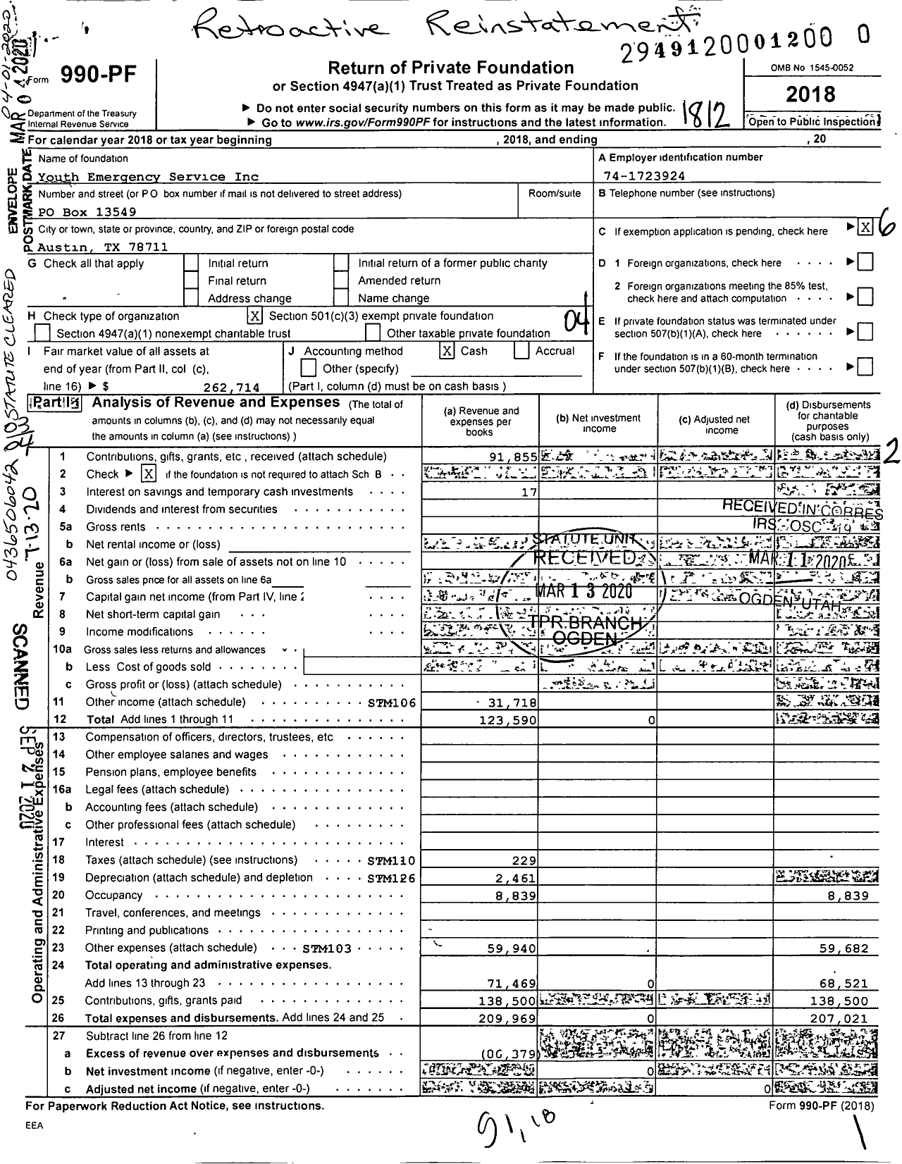 Image of first page of 2018 Form 990PR for Youth Emergency Services