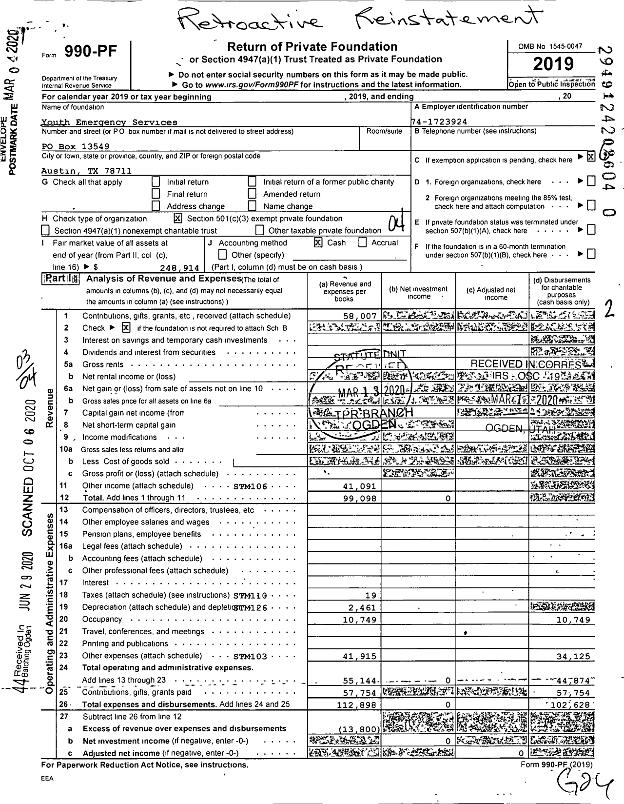 Image of first page of 2019 Form 990PR for Youth Emergency Services