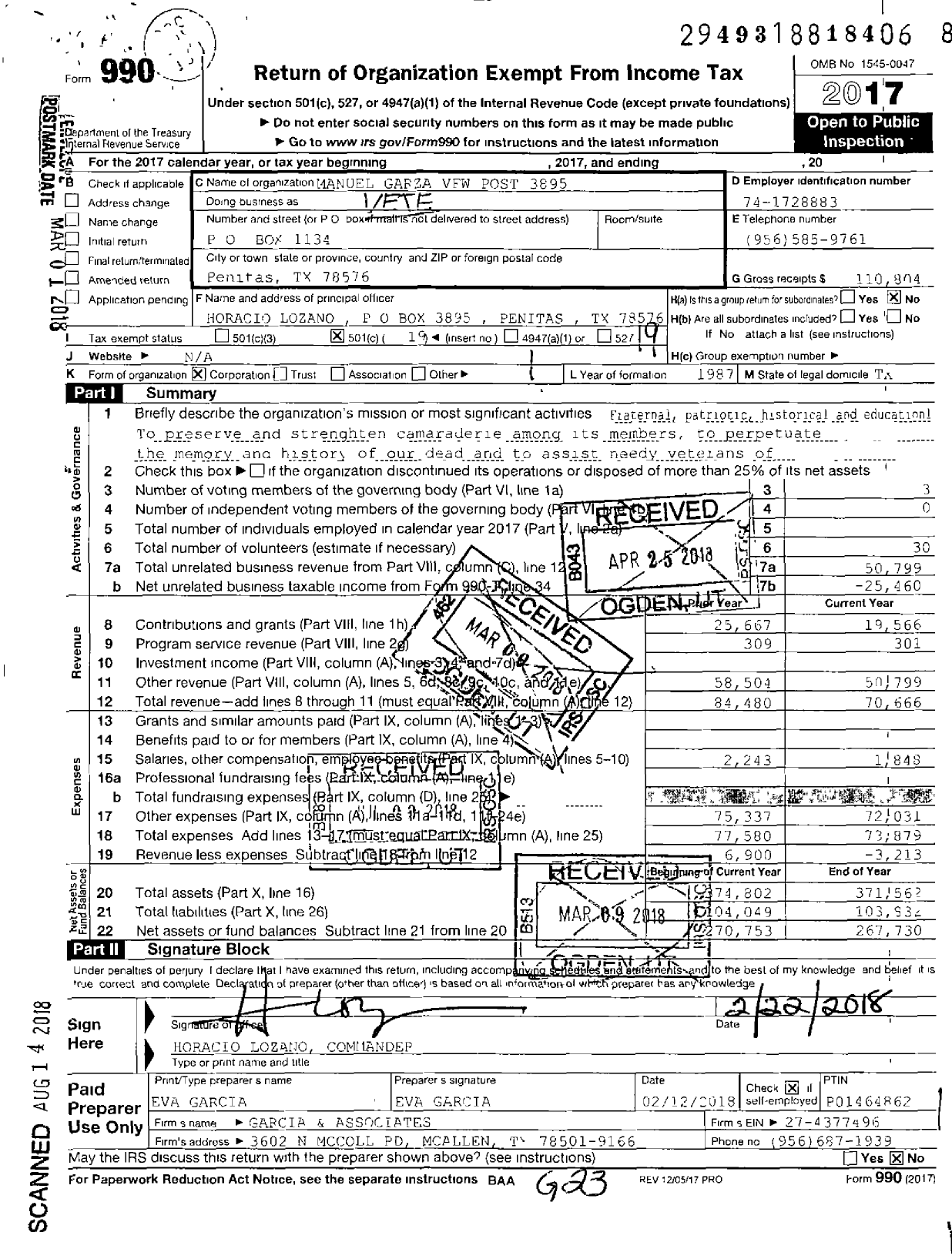 Image of first page of 2017 Form 990O for Texas VFW - 3895 Manuel Garza