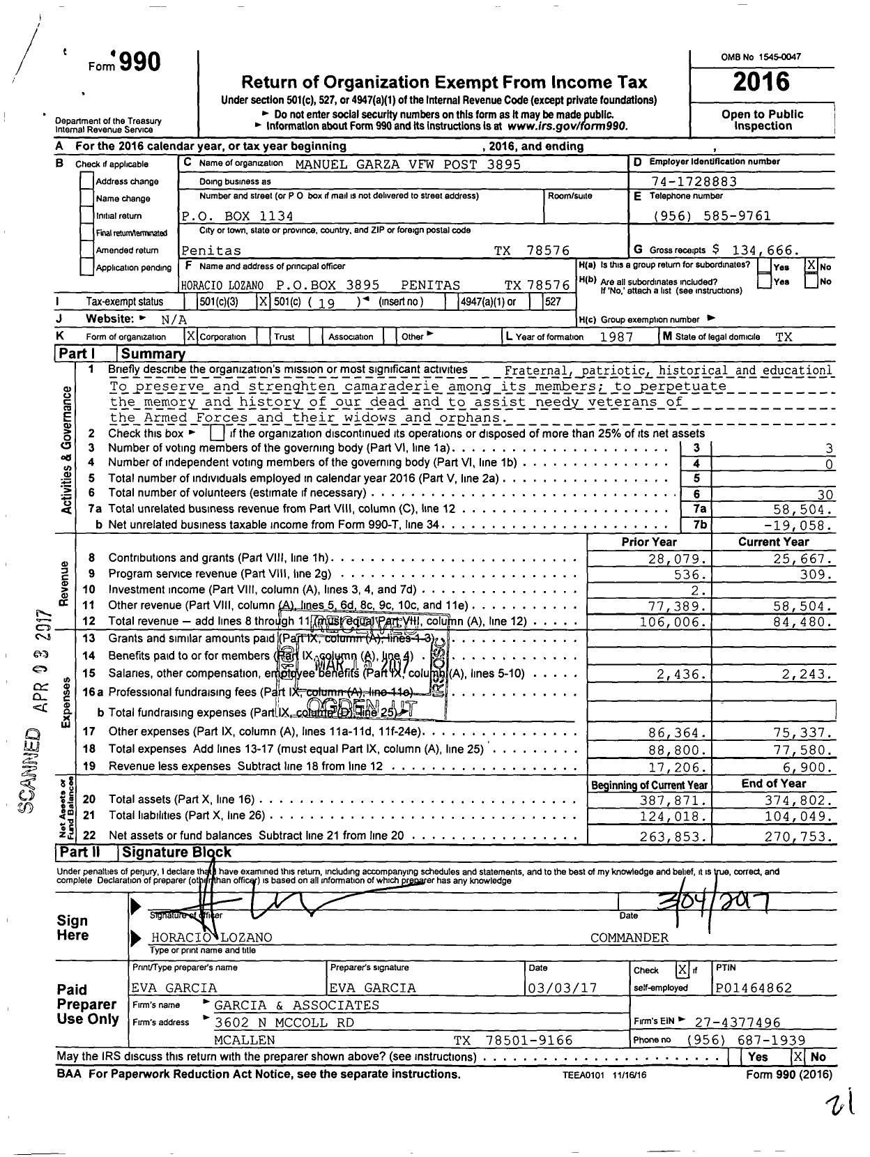 Image of first page of 2016 Form 990O for Texas VFW - 3895 Manuel Garza