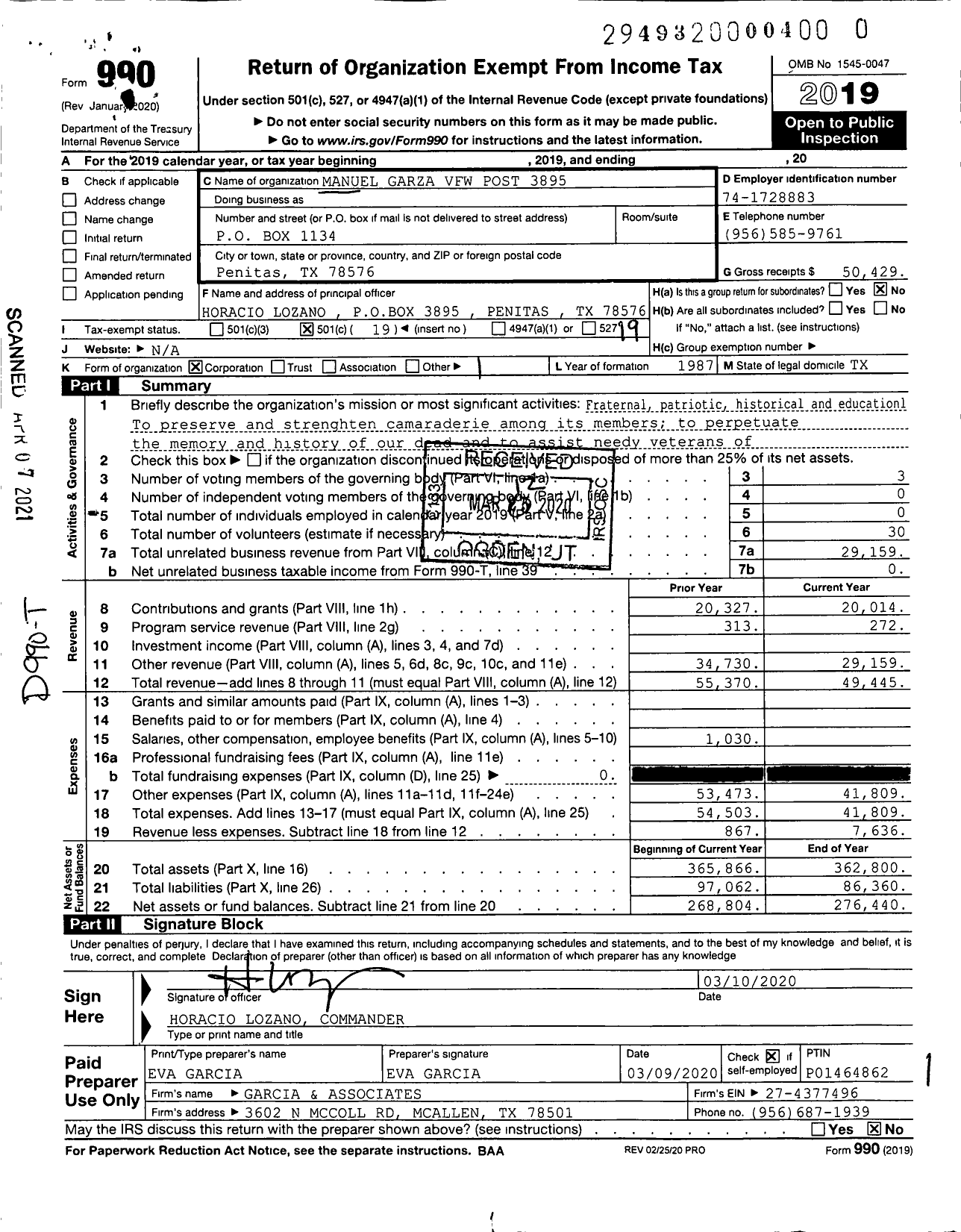 Image of first page of 2019 Form 990O for Texas VFW - 3895 Manuel Garza