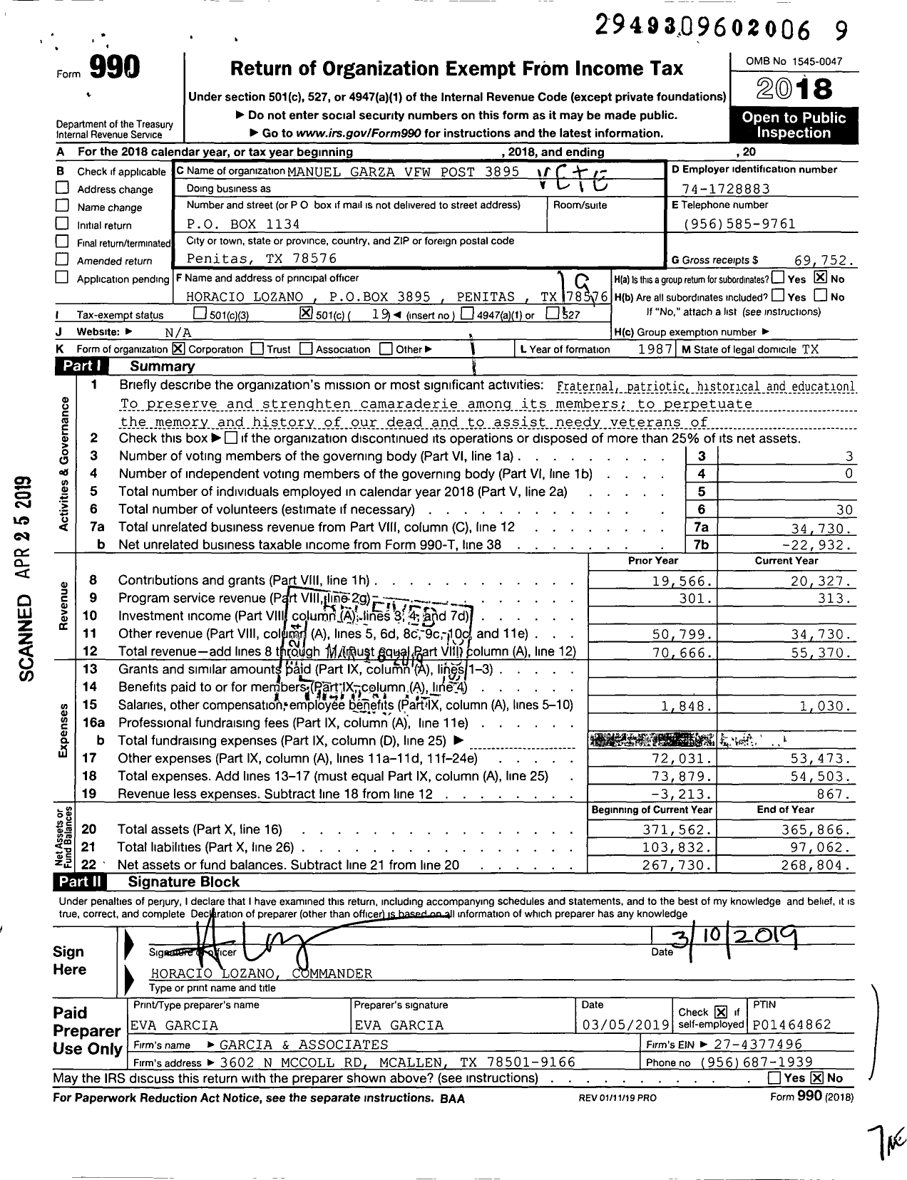 Image of first page of 2018 Form 990O for Texas VFW - 3895 Manuel Garza