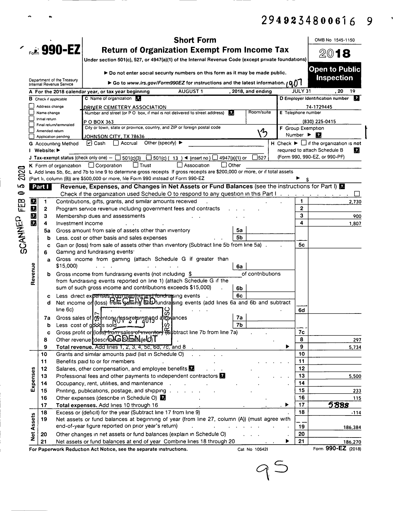 Image of first page of 2018 Form 990EO for Driver Cemetery Association