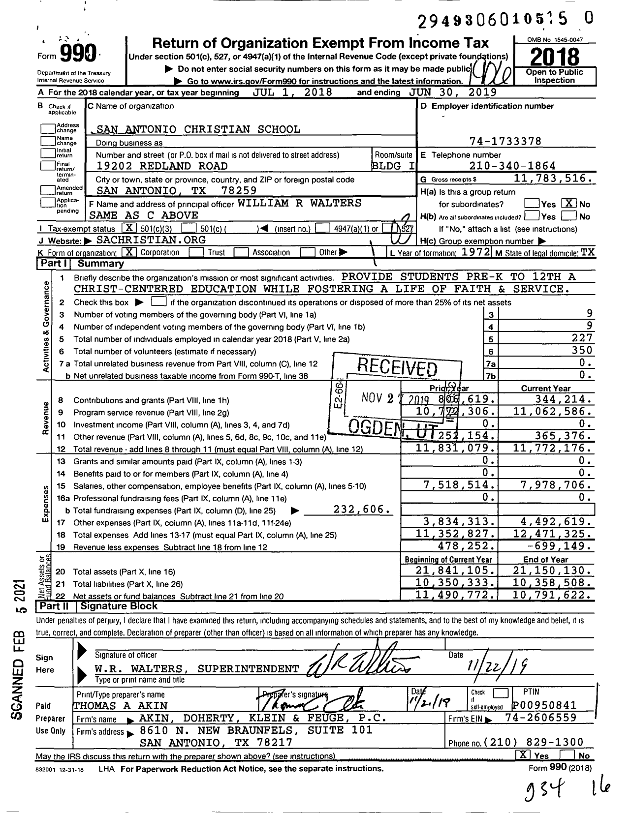 Image of first page of 2018 Form 990 for San Antonio Christian School