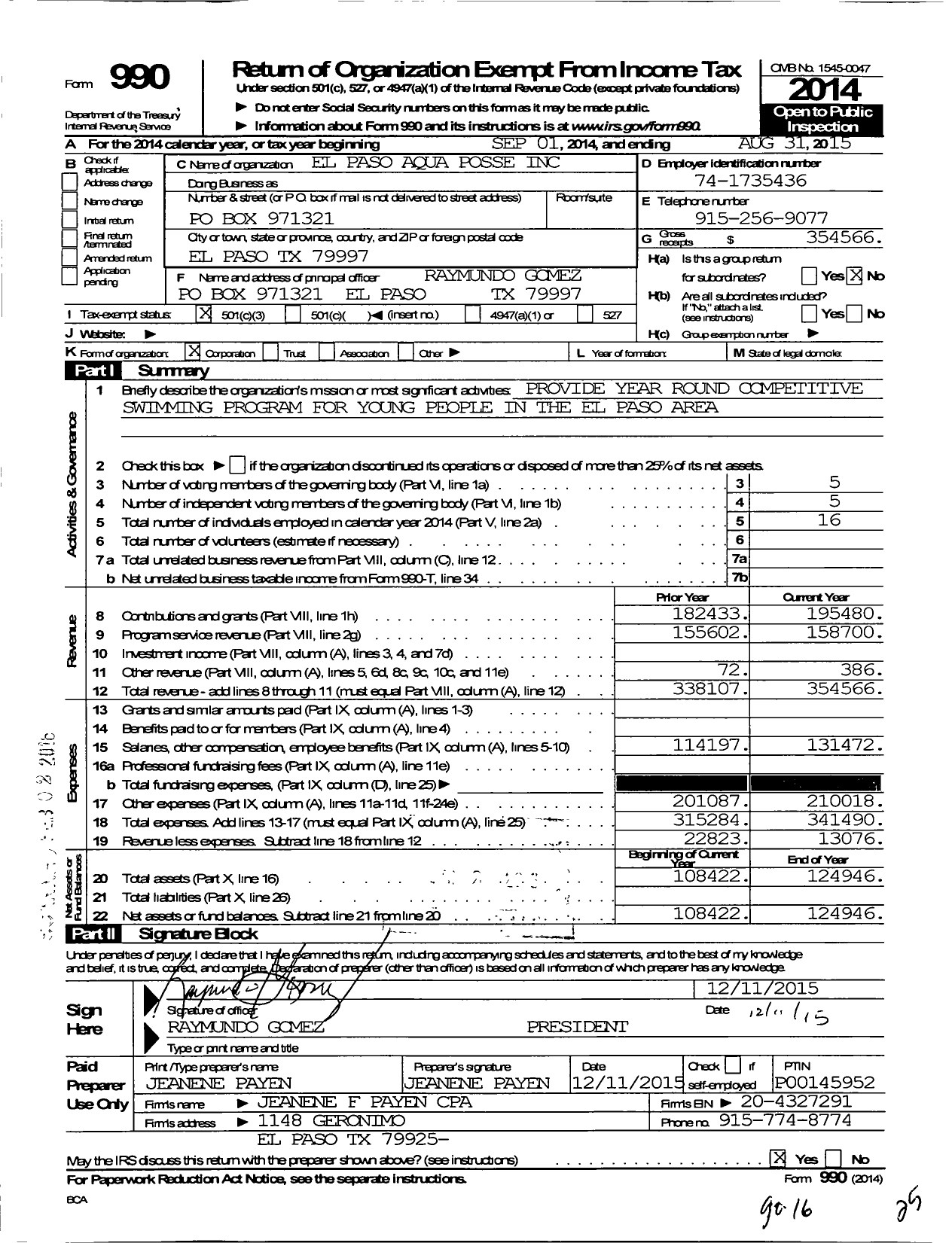 Image of first page of 2014 Form 990 for El Paso Aqua Posse