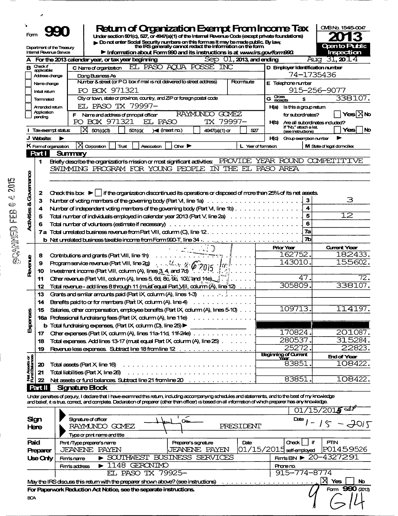 Image of first page of 2013 Form 990 for El Paso Aqua Posse
