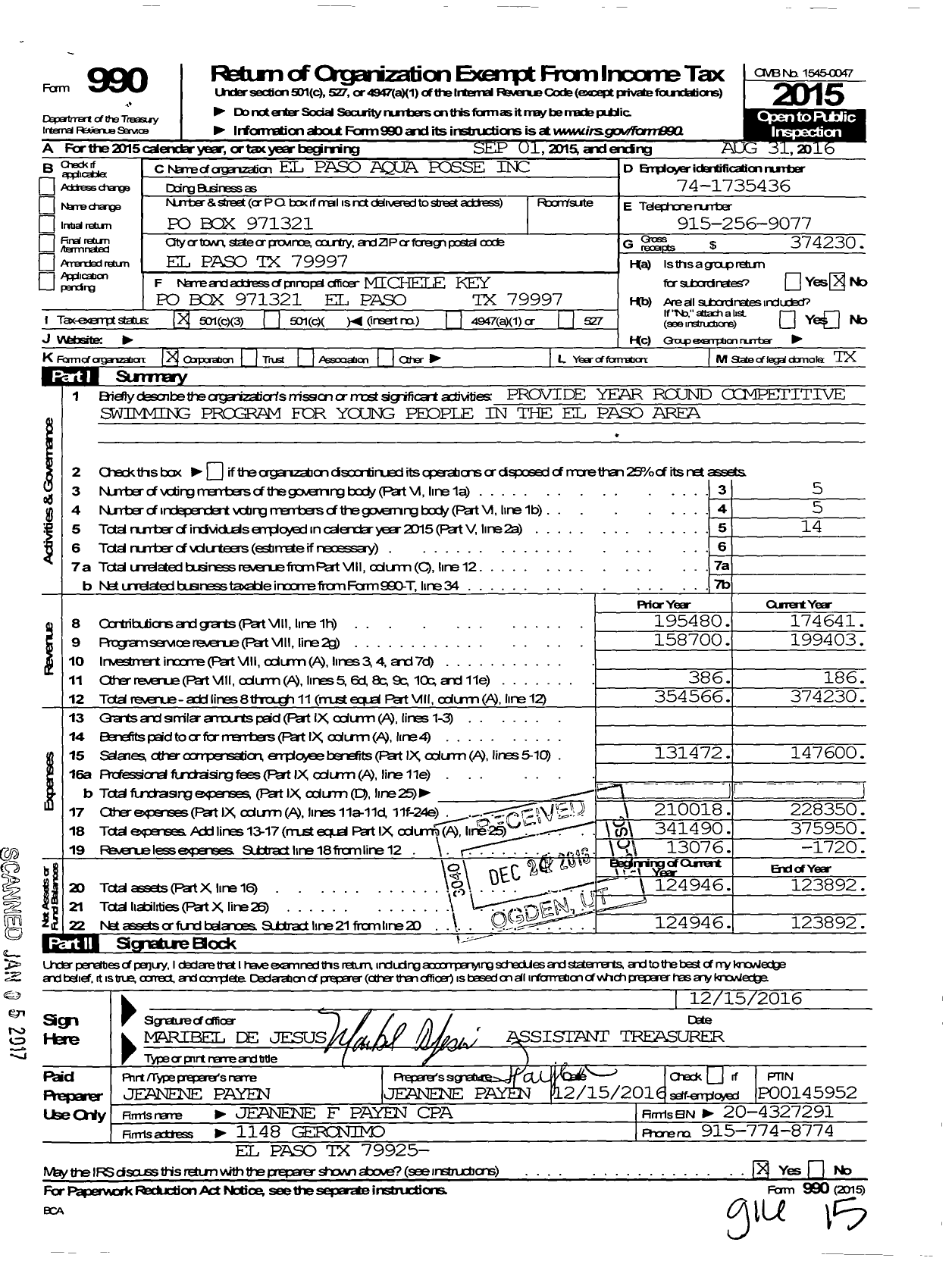 Image of first page of 2015 Form 990 for El Paso Aqua Posse