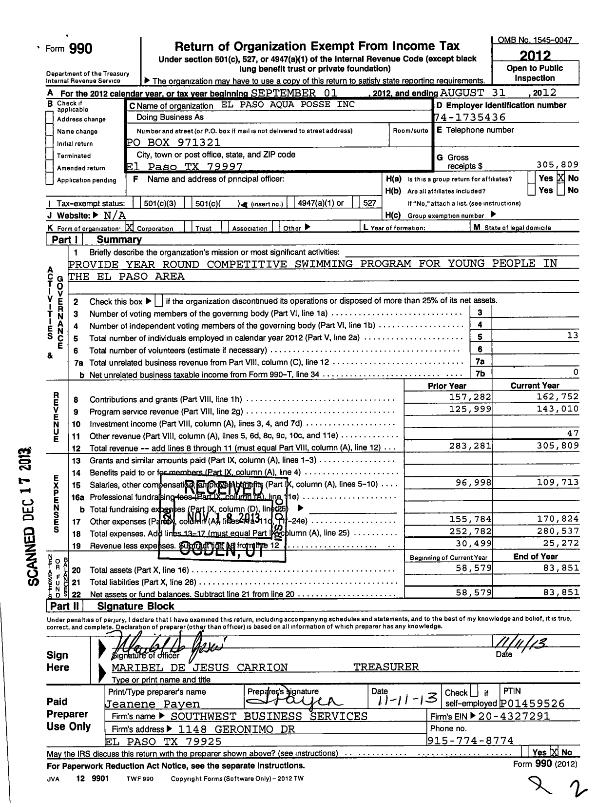 Image of first page of 2011 Form 990O for El Paso Aqua Posse