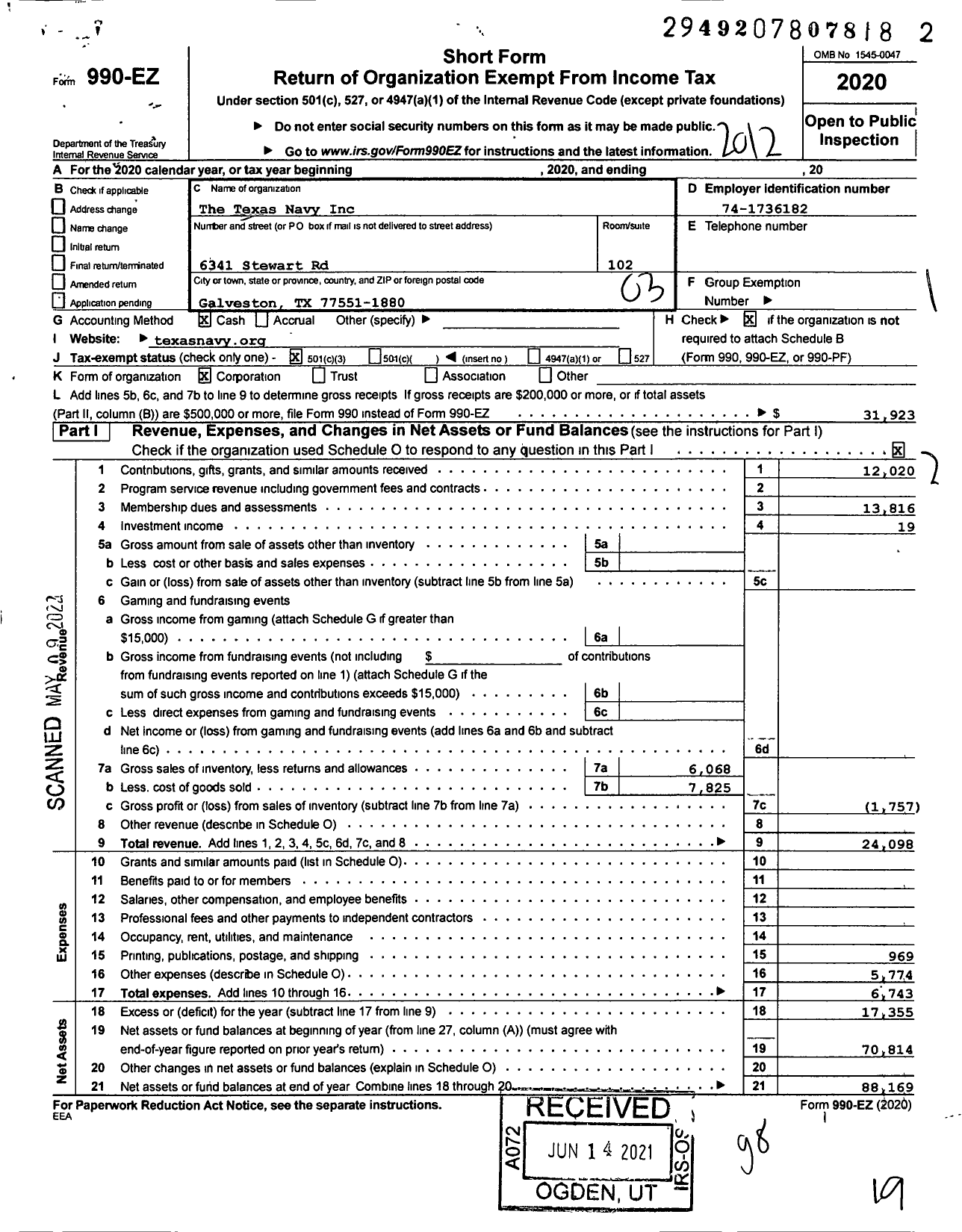 Image of first page of 2020 Form 990EZ for Texas Navy