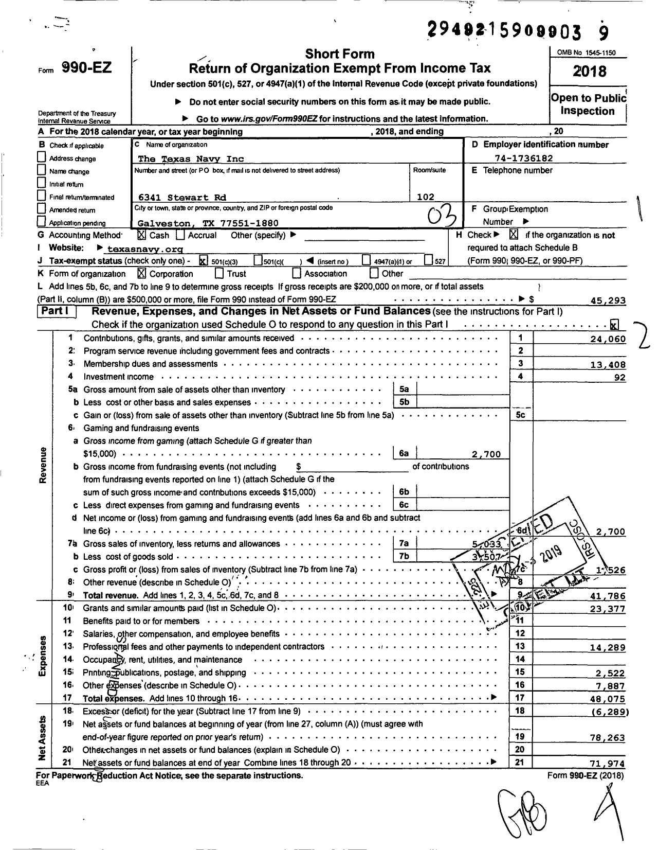 Image of first page of 2018 Form 990EZ for Texas Navy