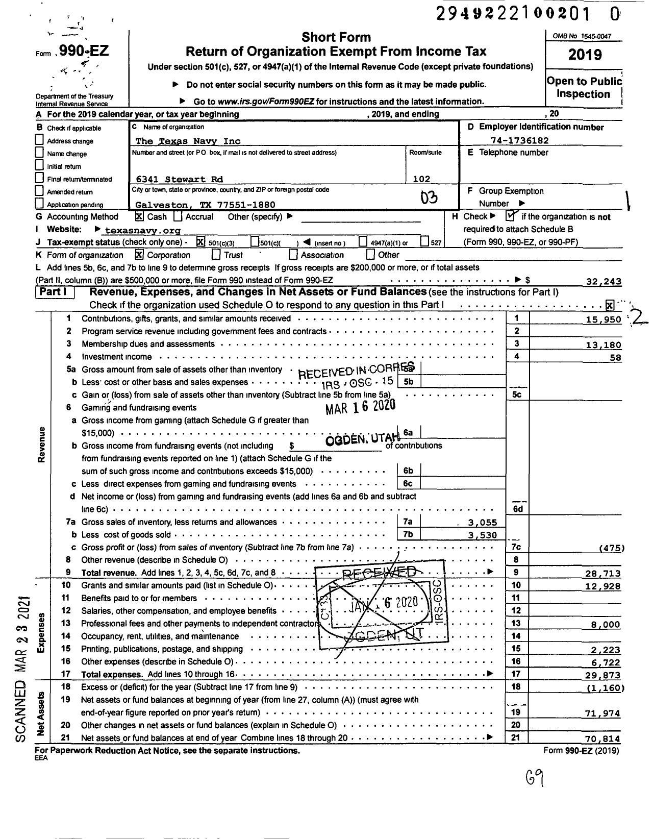 Image of first page of 2019 Form 990EZ for Texas Navy